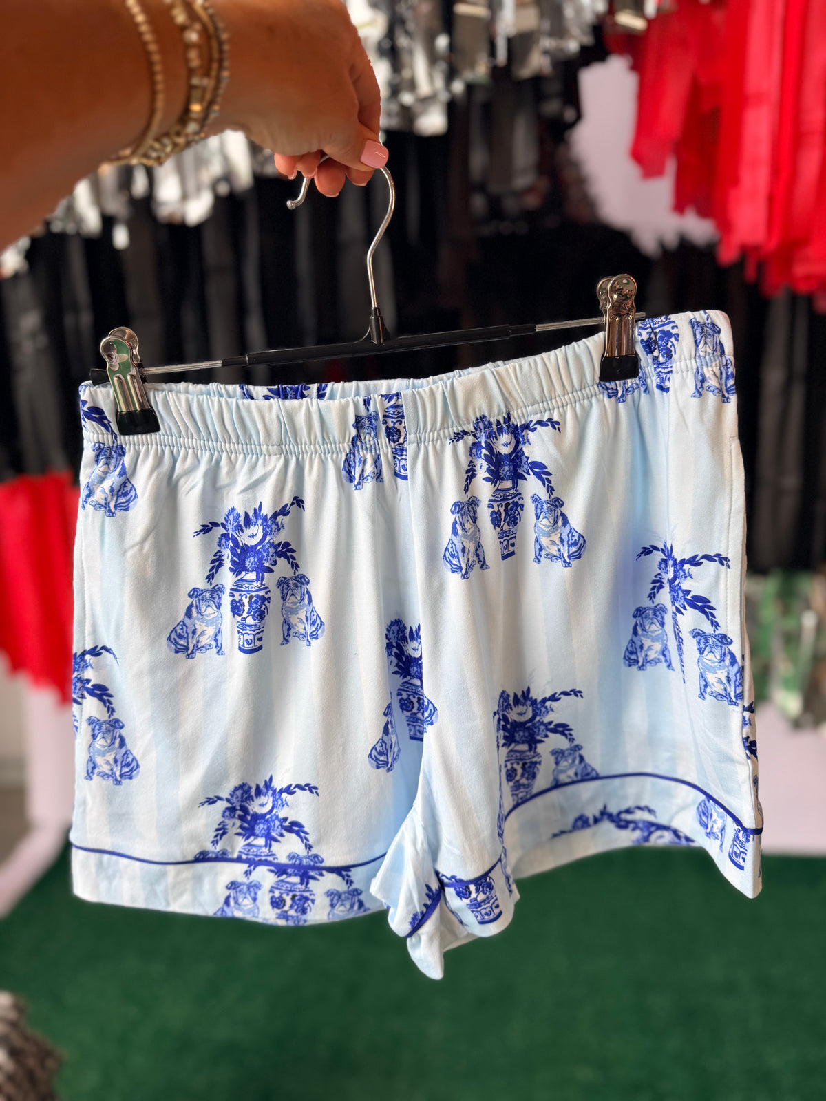 chinoiserie pajamas!  bulldogs blue shorts