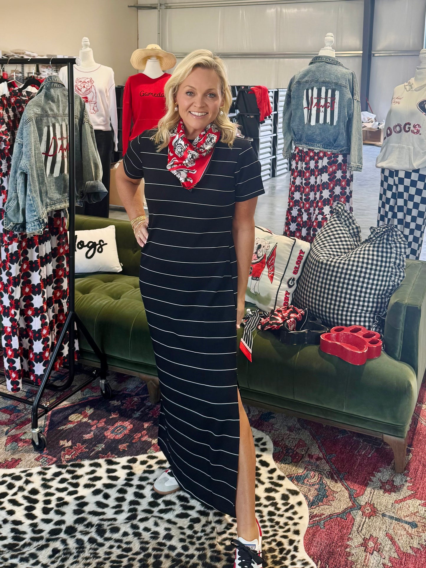 Modal scuba black and white striped maxi dress