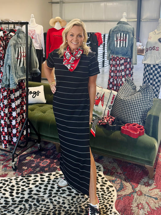 Modal scuba black and white striped maxi dress