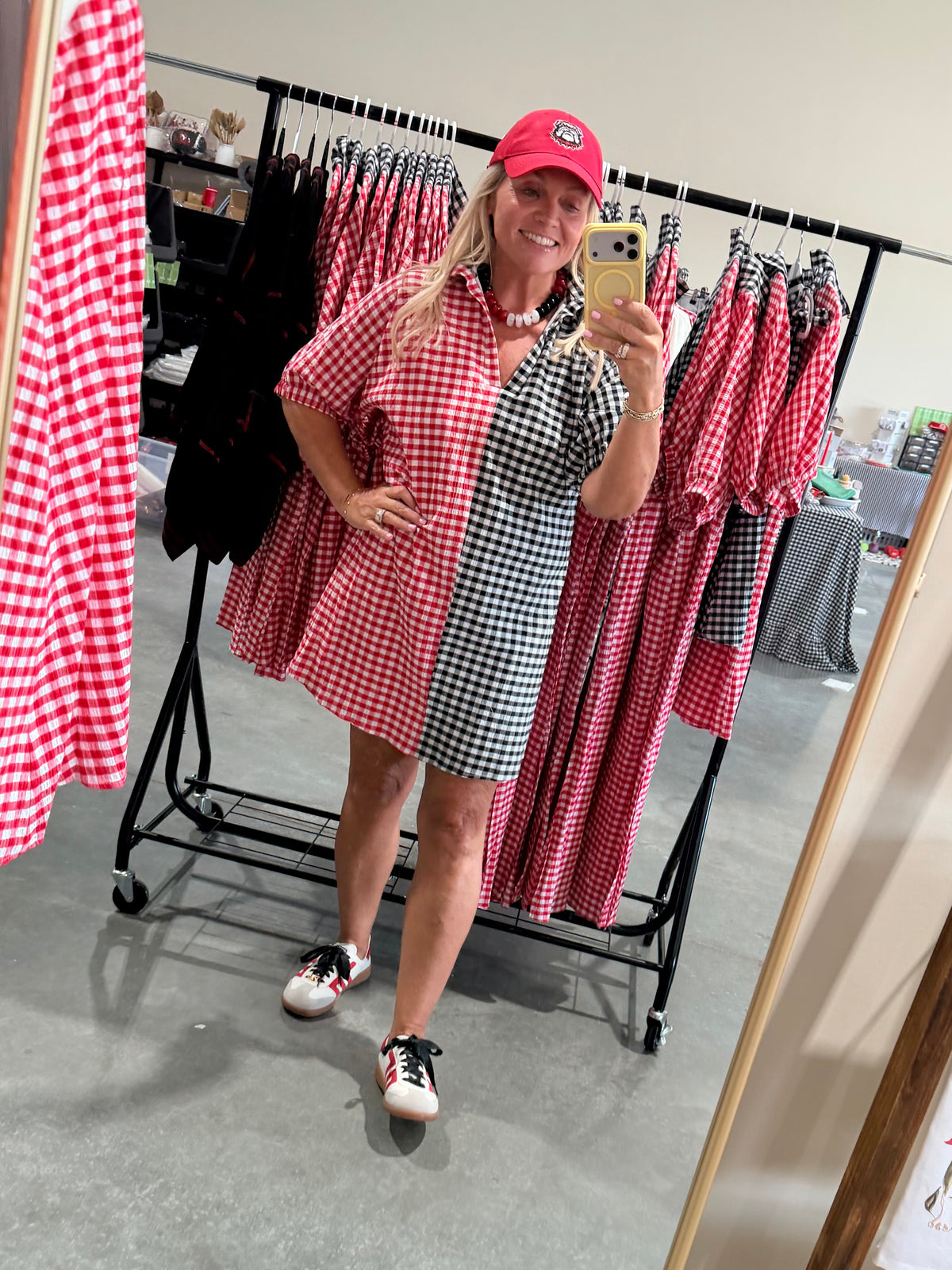 Gingham black and red and white shorter version dress