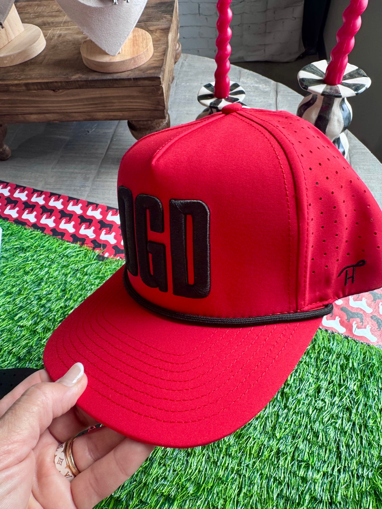 DGD hat red with black embroidery rope style