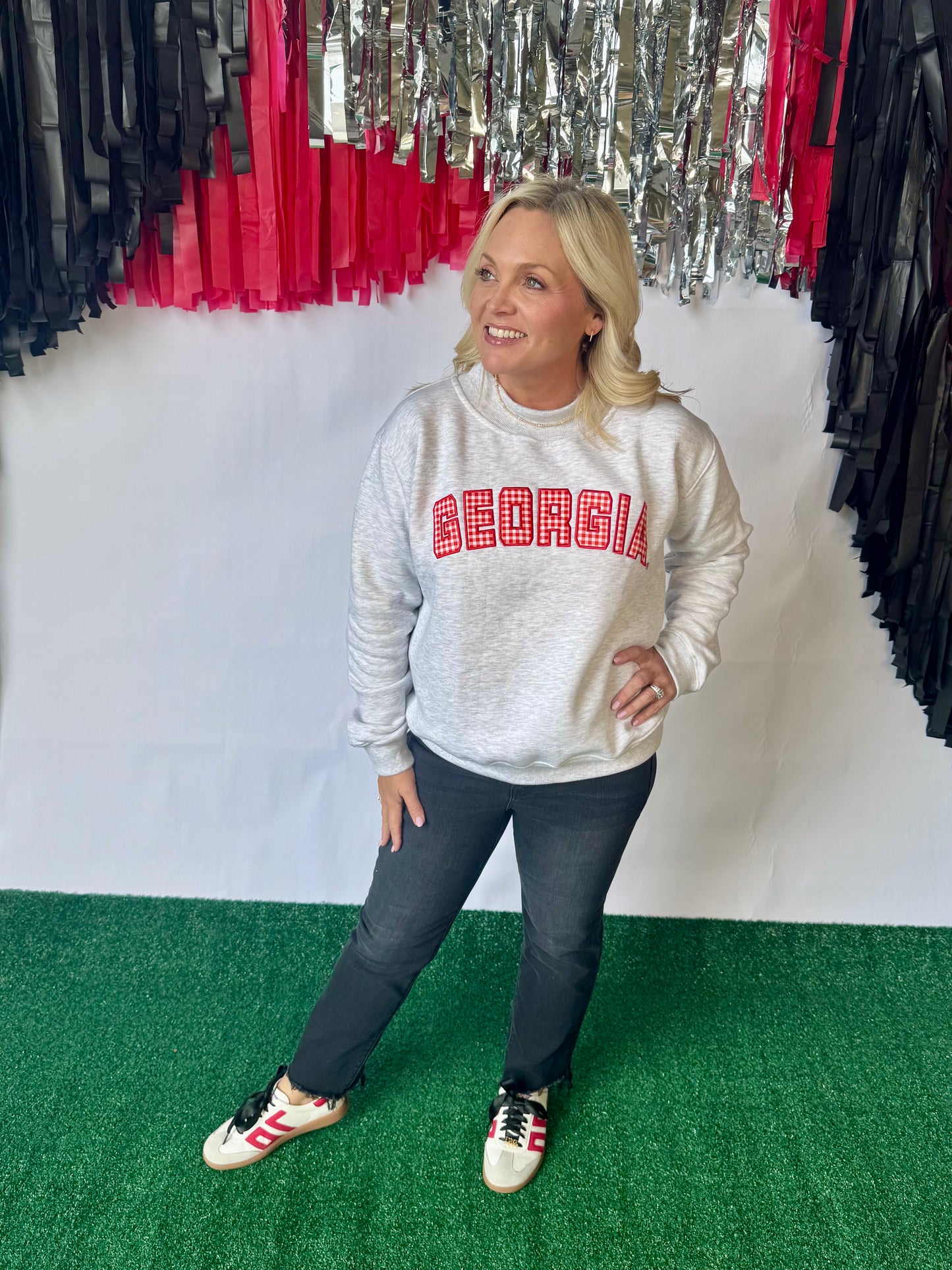 Licensed mock neck ash gray gingham embroidered Georgia