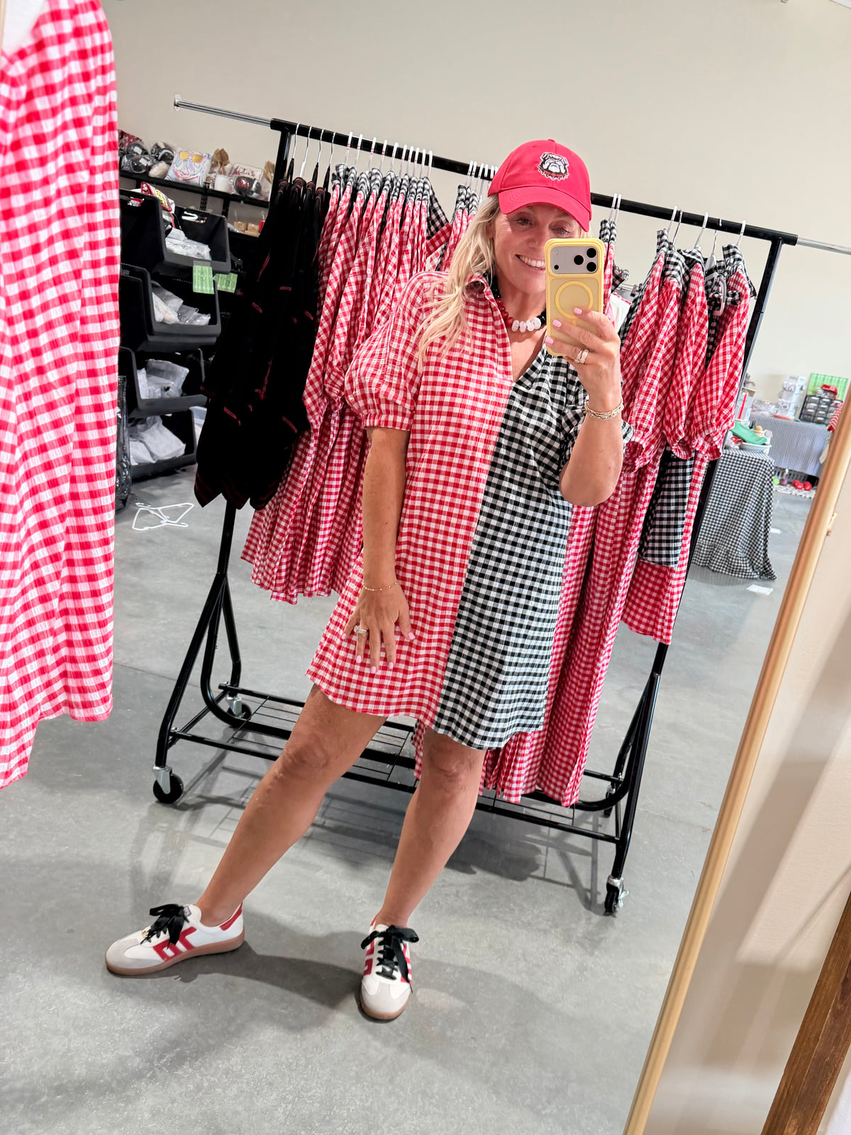 Gingham black and red and white shorter version dress