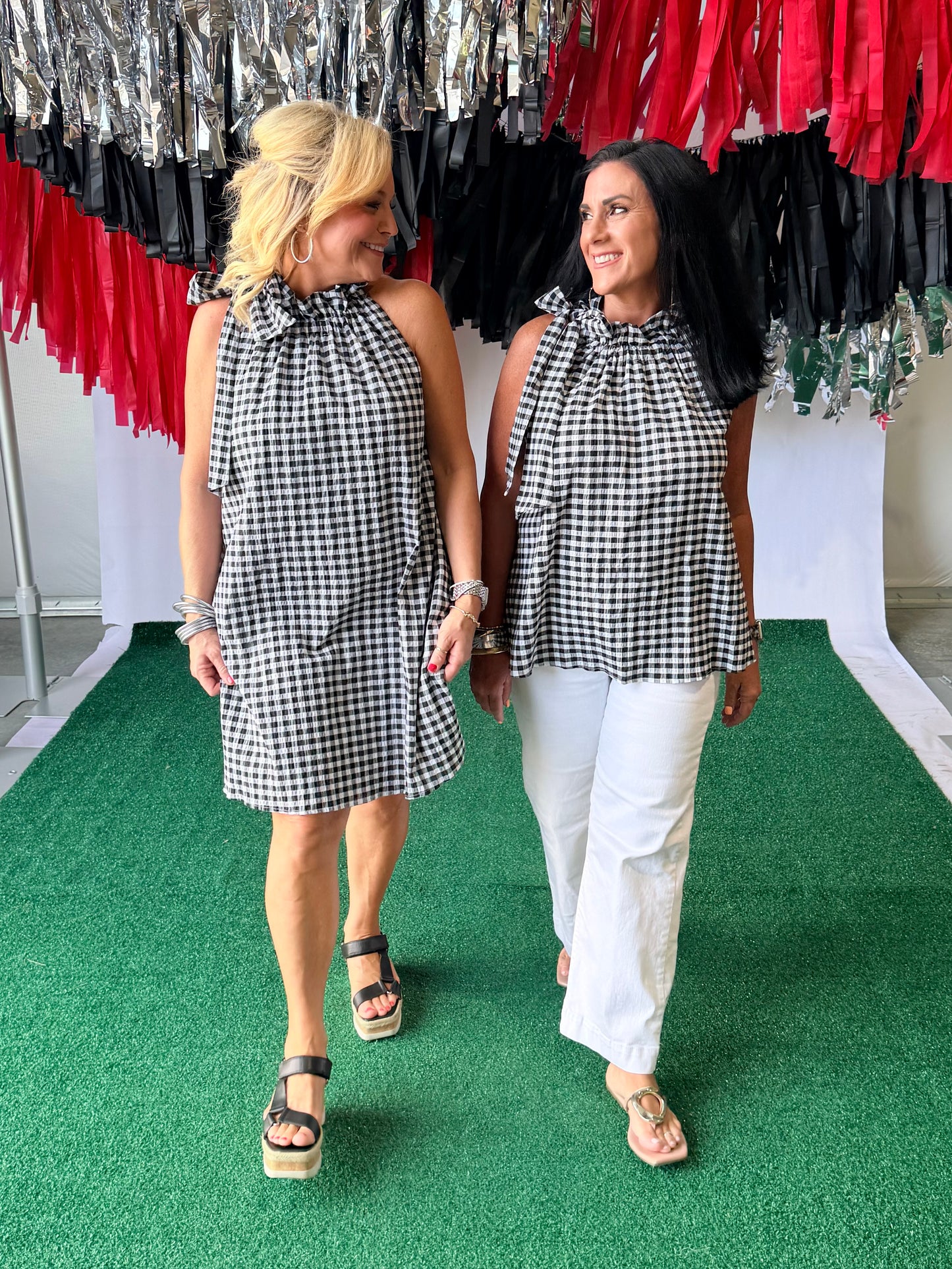 Black and white gingham swing dress with bow