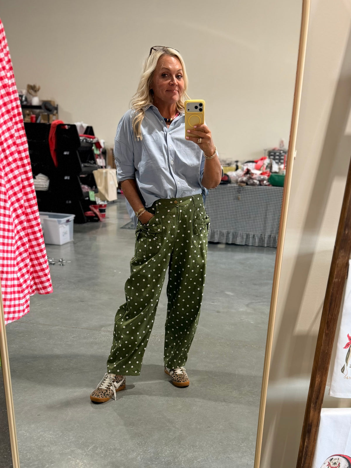 Olive green polka dot barrel pants up to 3X