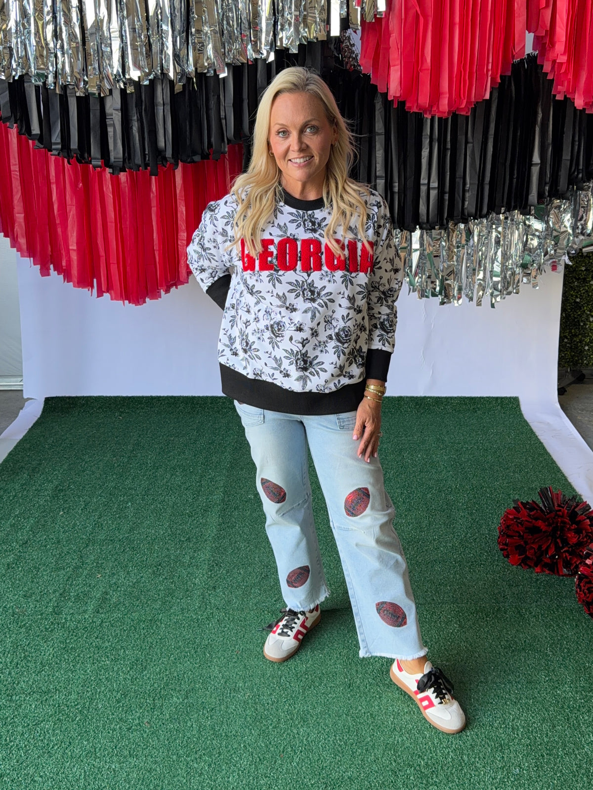 Denim jeans sequin red footballs