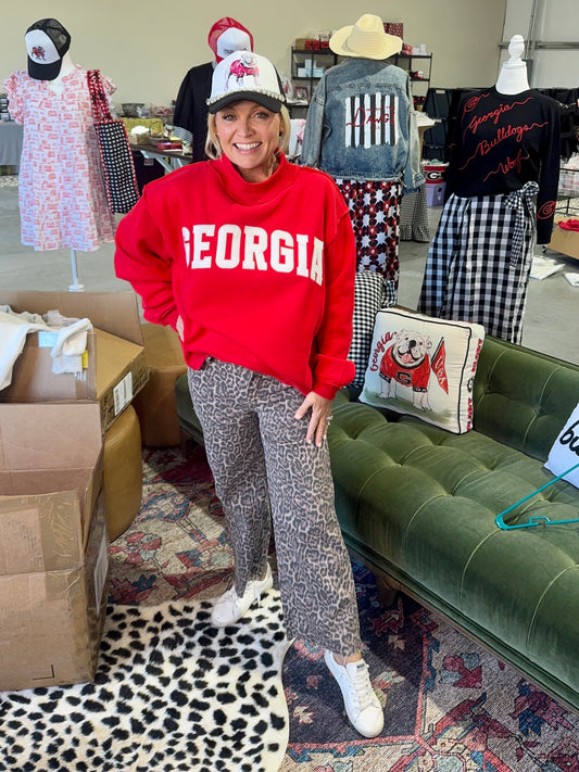 Mock neck red with white embroidered Georgia