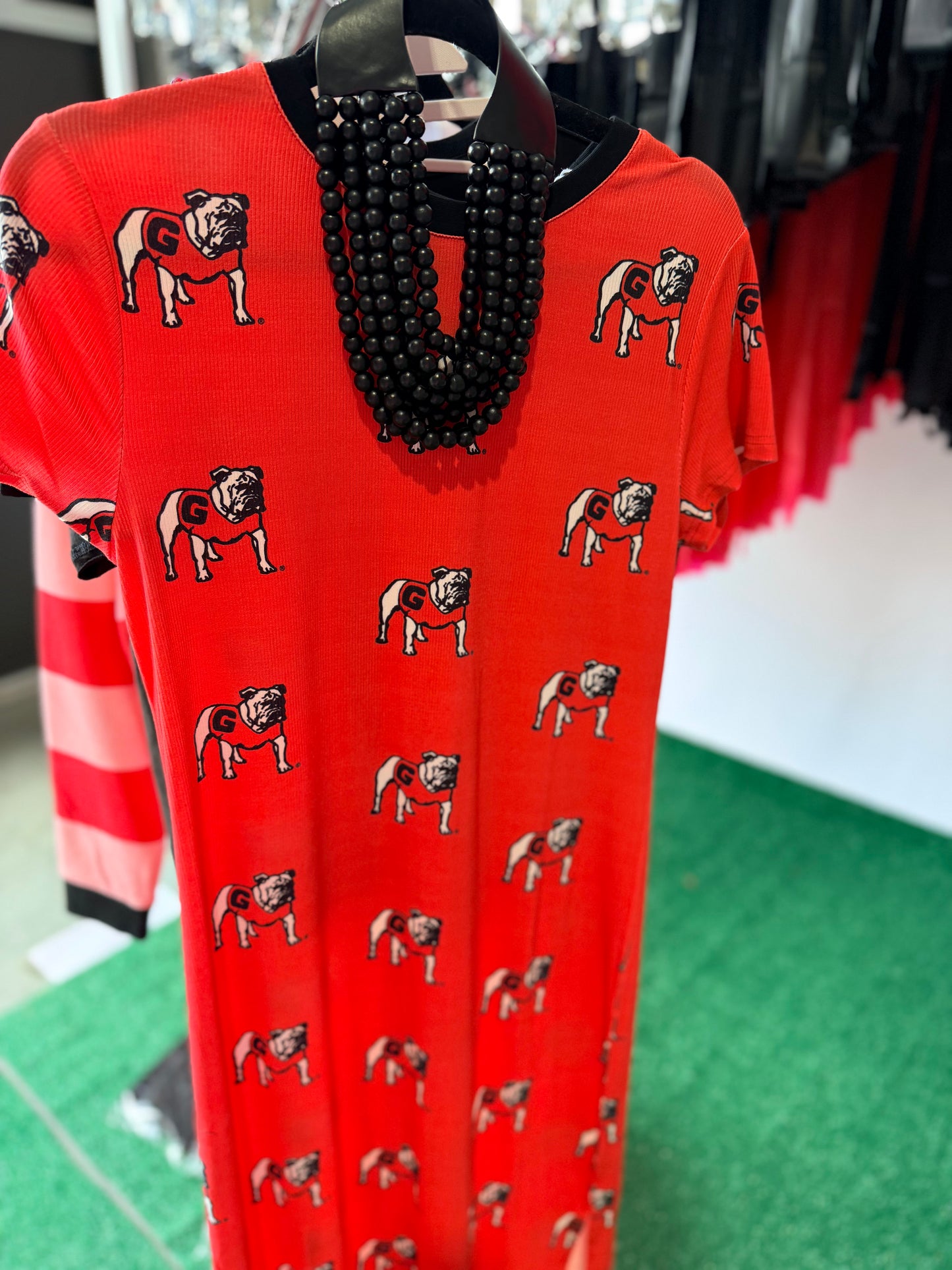 Red long ribbed bulldog maxi dress licensed