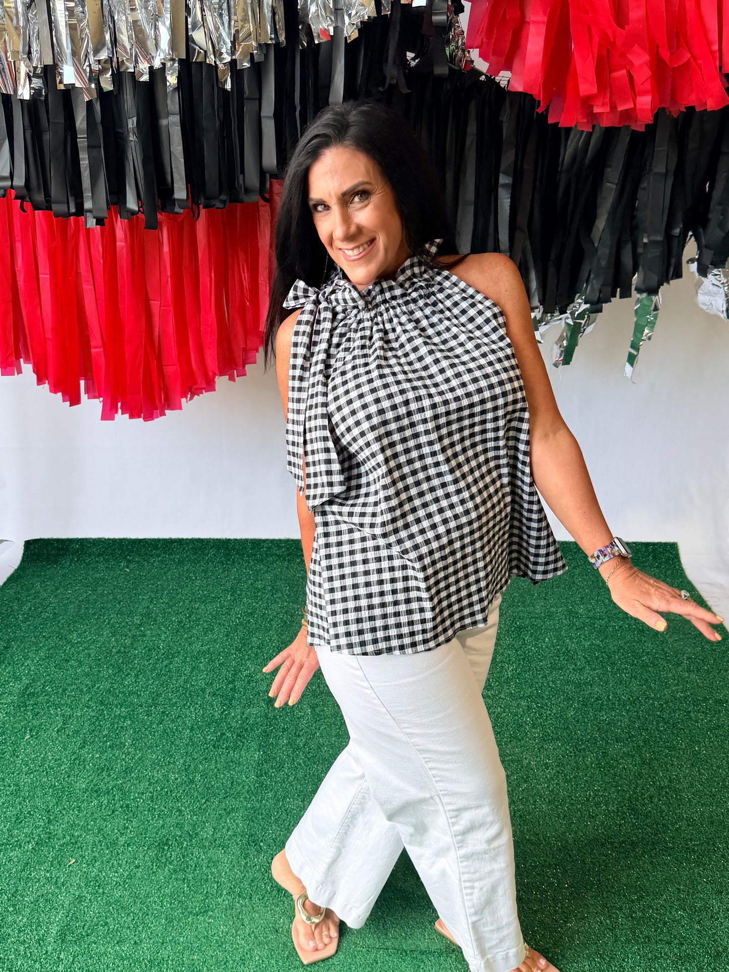 Black and white gingham top with bow