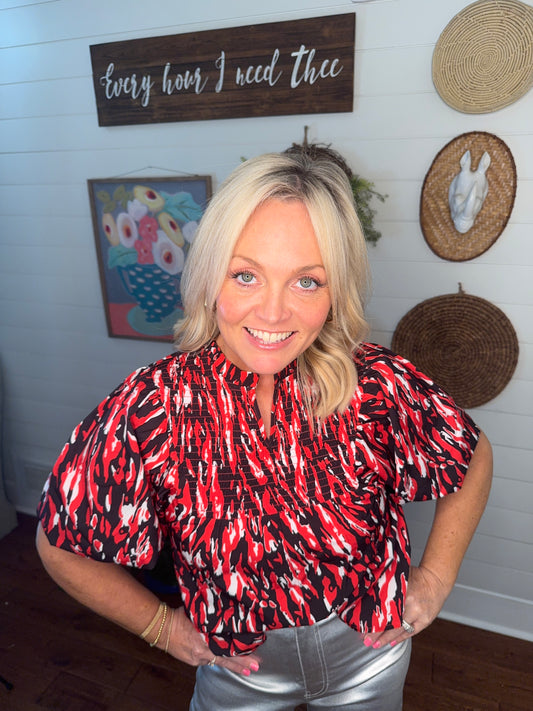 Black and red blouse ballon sleeve warehouse clearance sale