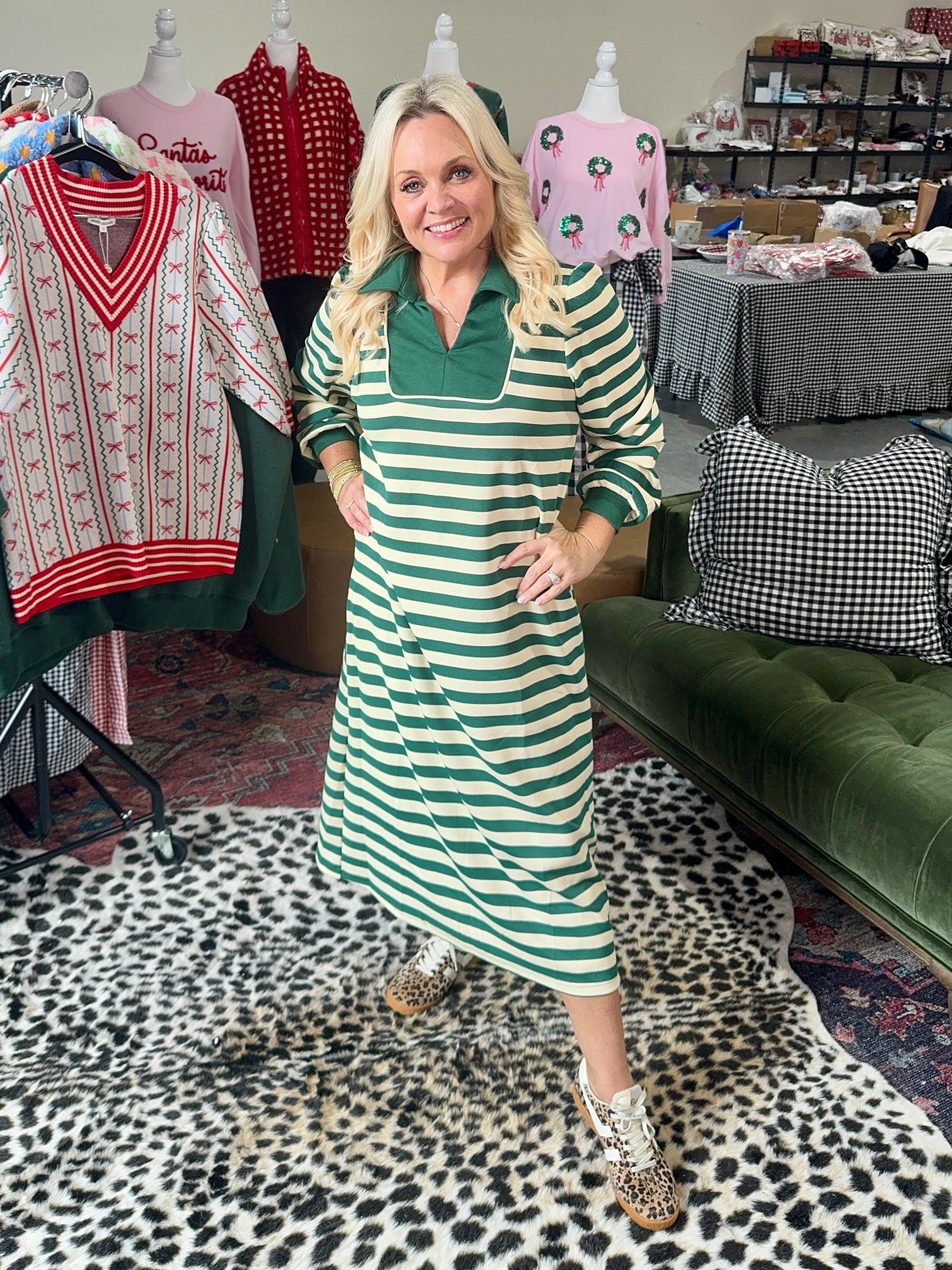 Green stipe dress midi