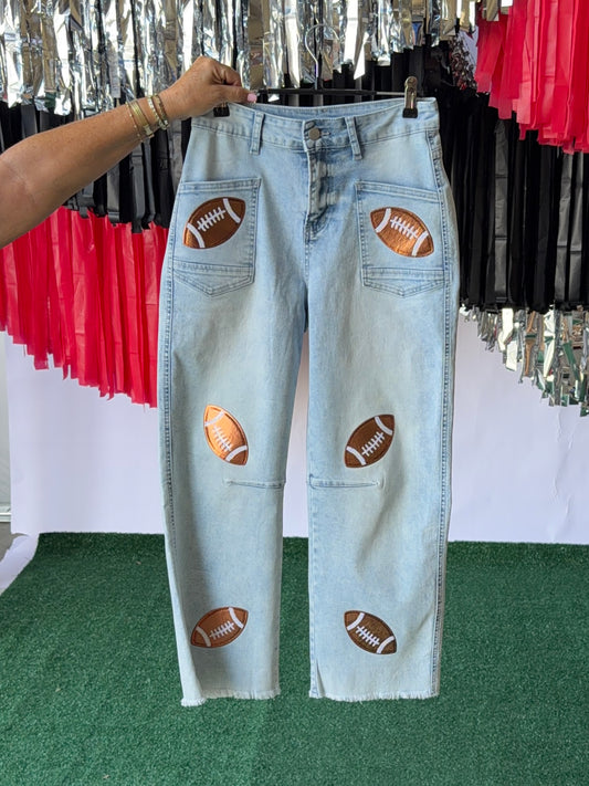 Denim jeans brown football patch. Up to plus size