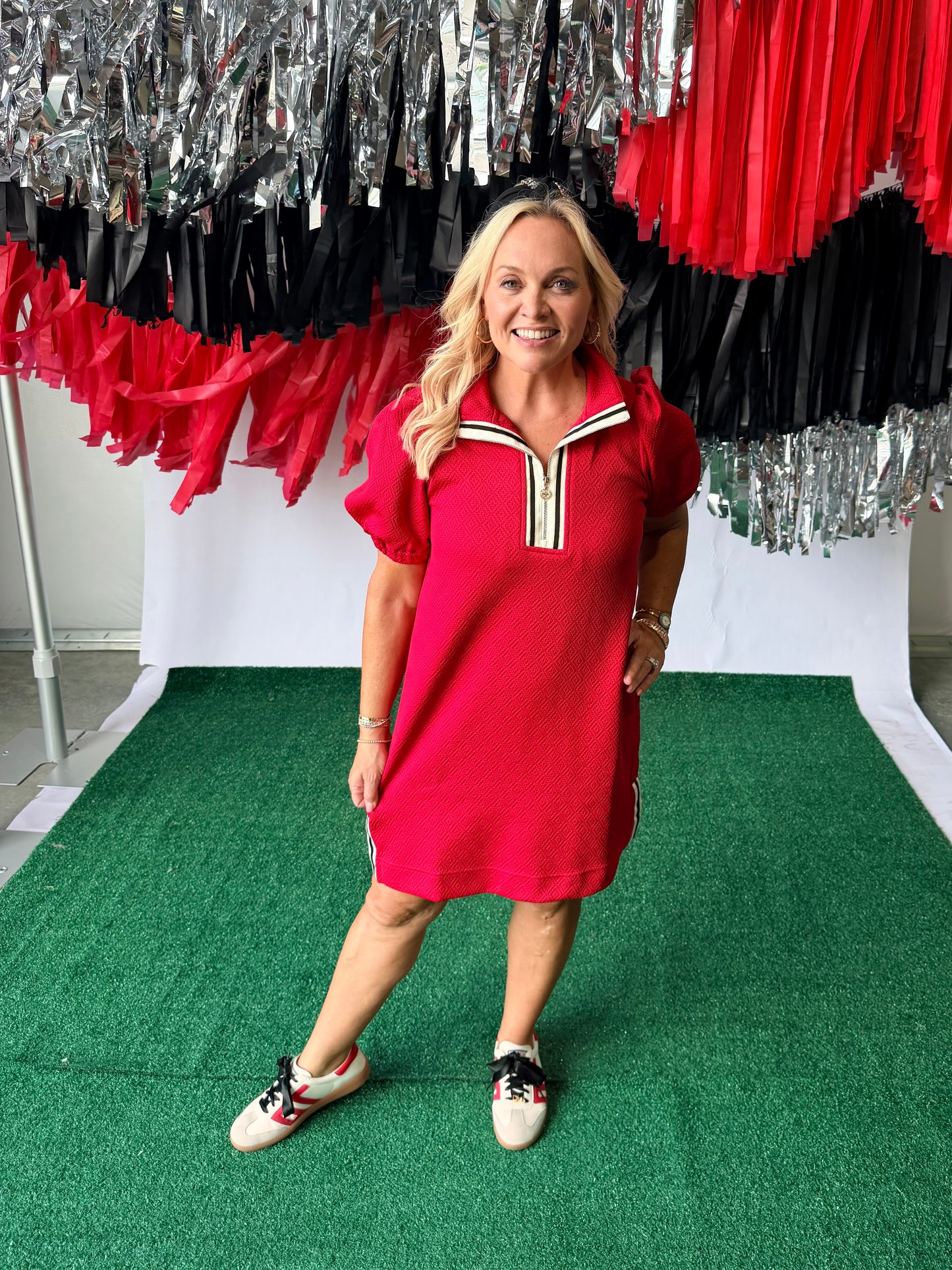 Red active wear style dress with trim