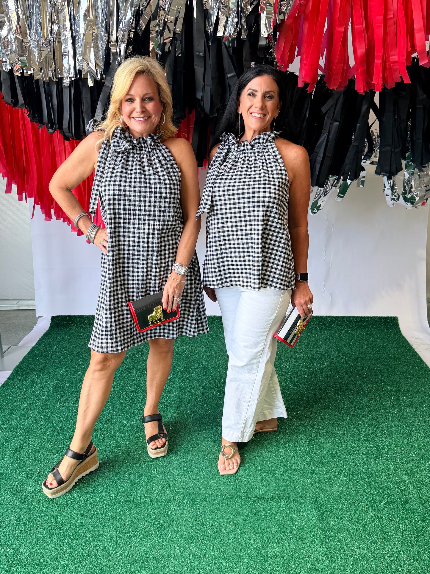 Black and white gingham swing dress with bow