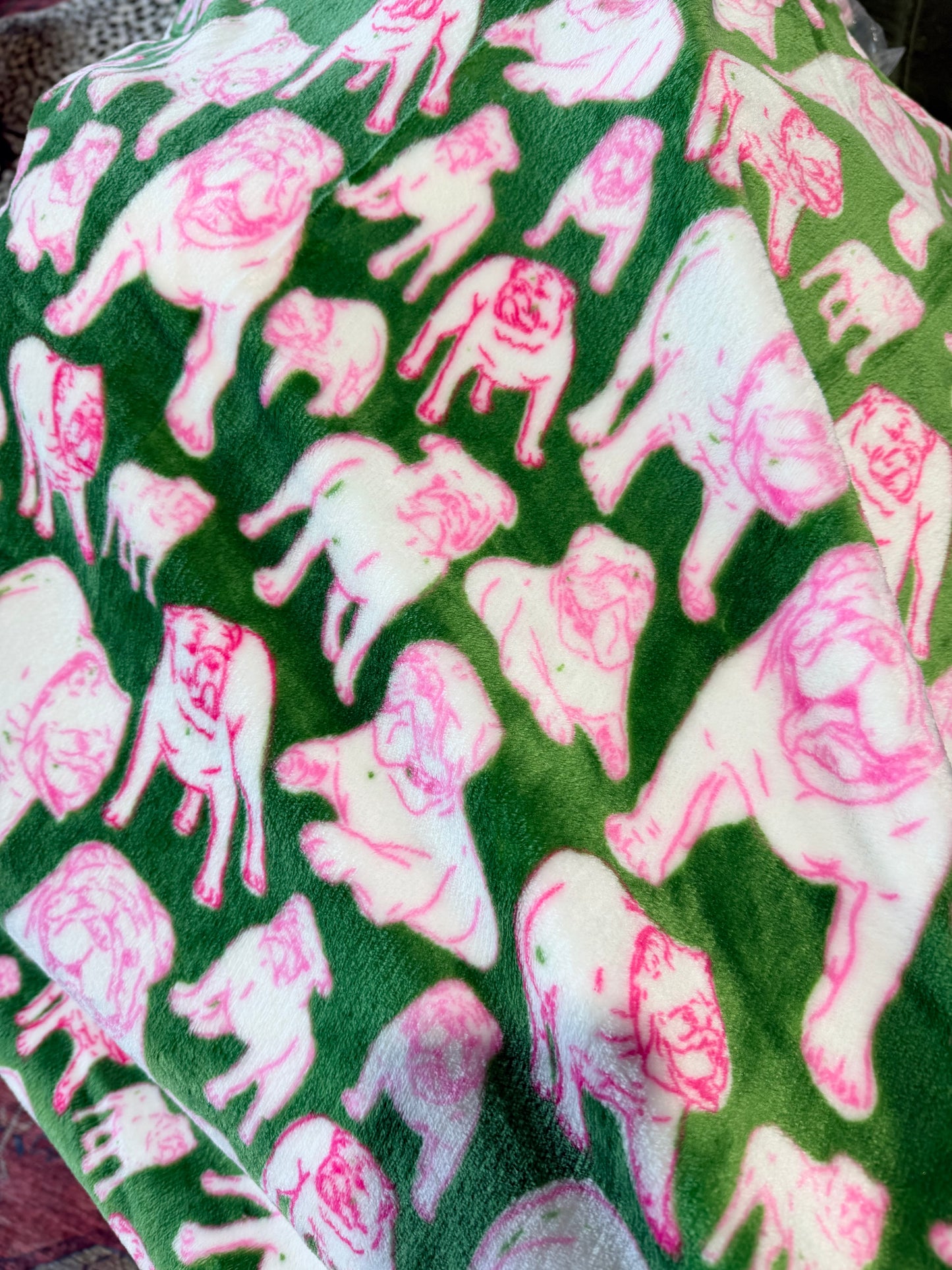 Pink and green bulldog throw