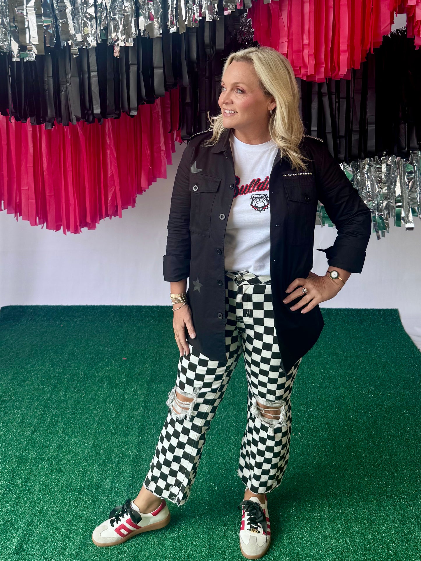 Game day black and white checked distressed raw edge jeans
