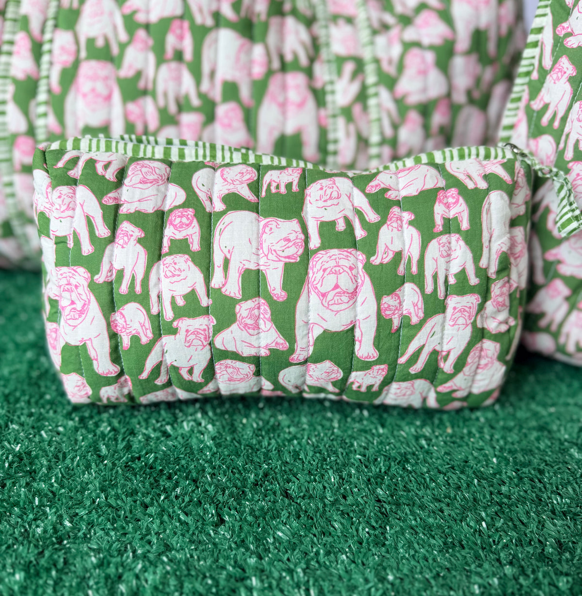 Green and pink quilted bulldog cosmetic bag
