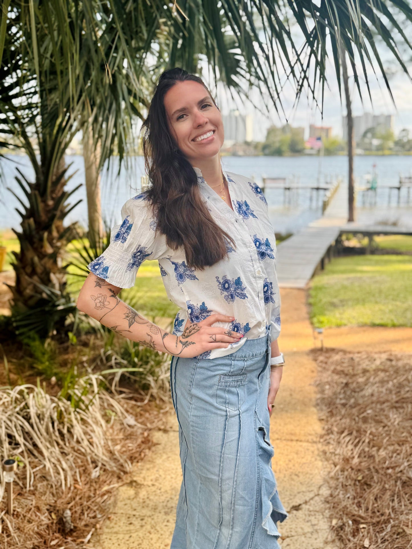 Blue and white floral summer blouse marked down