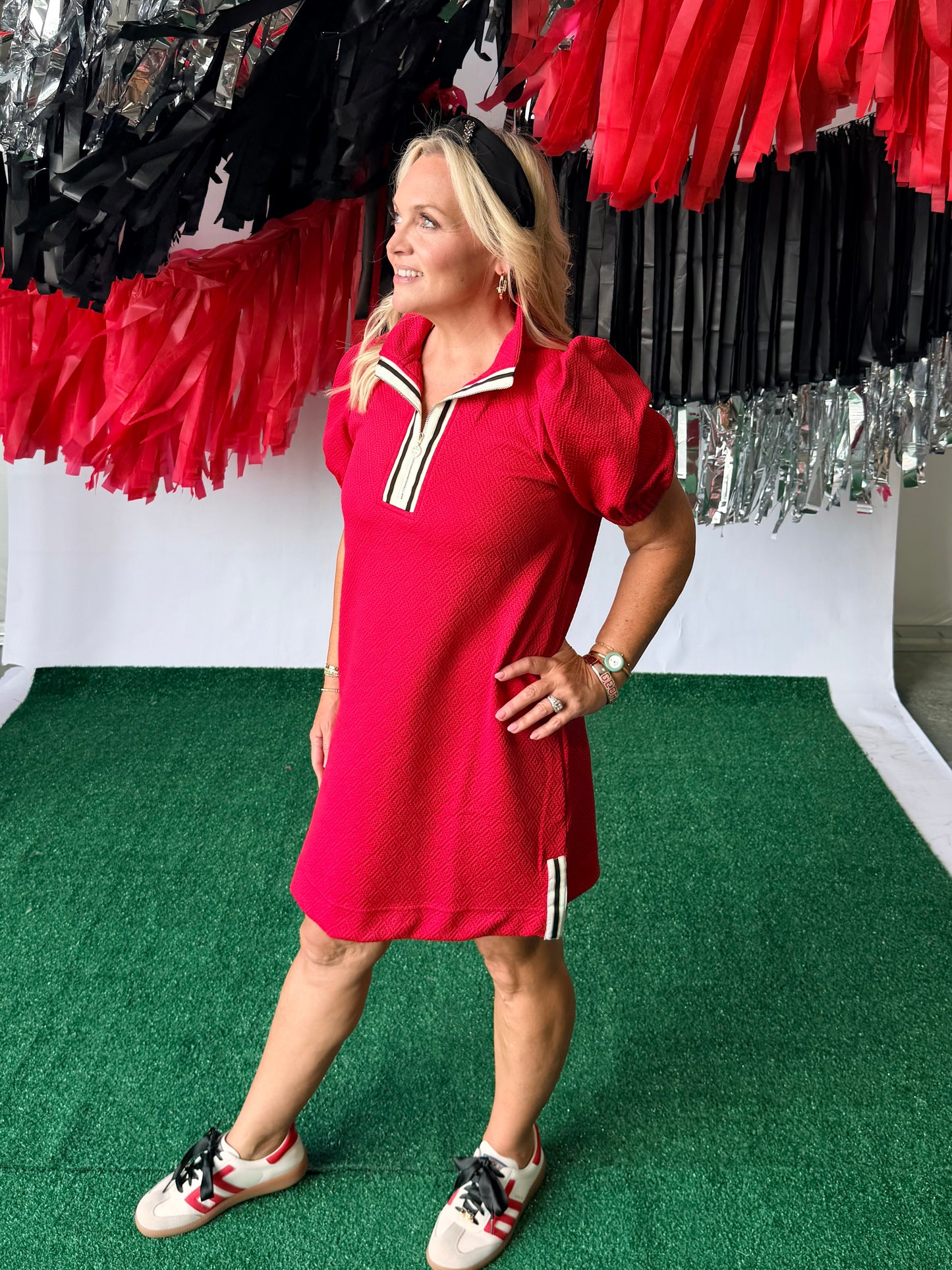 Red active wear style dress with trim