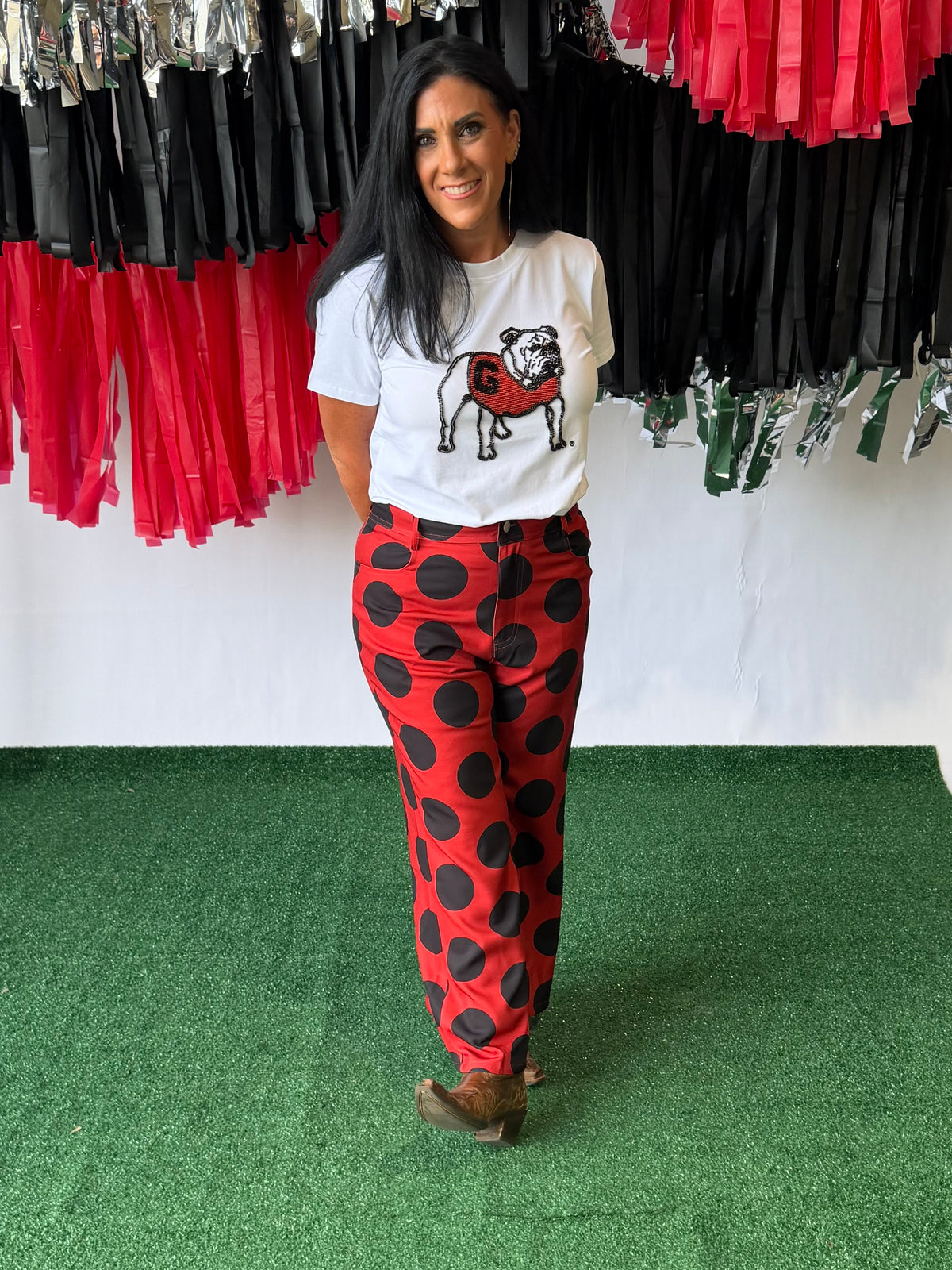 Black and red polka dot pants