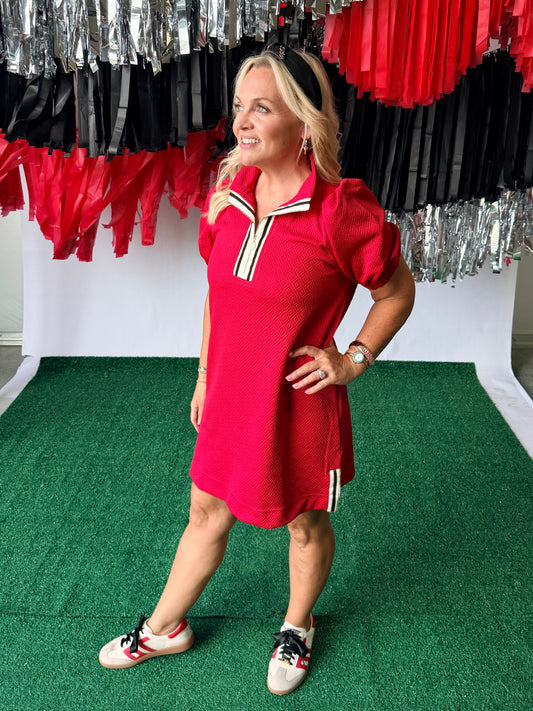 Red active wear style dress with trim