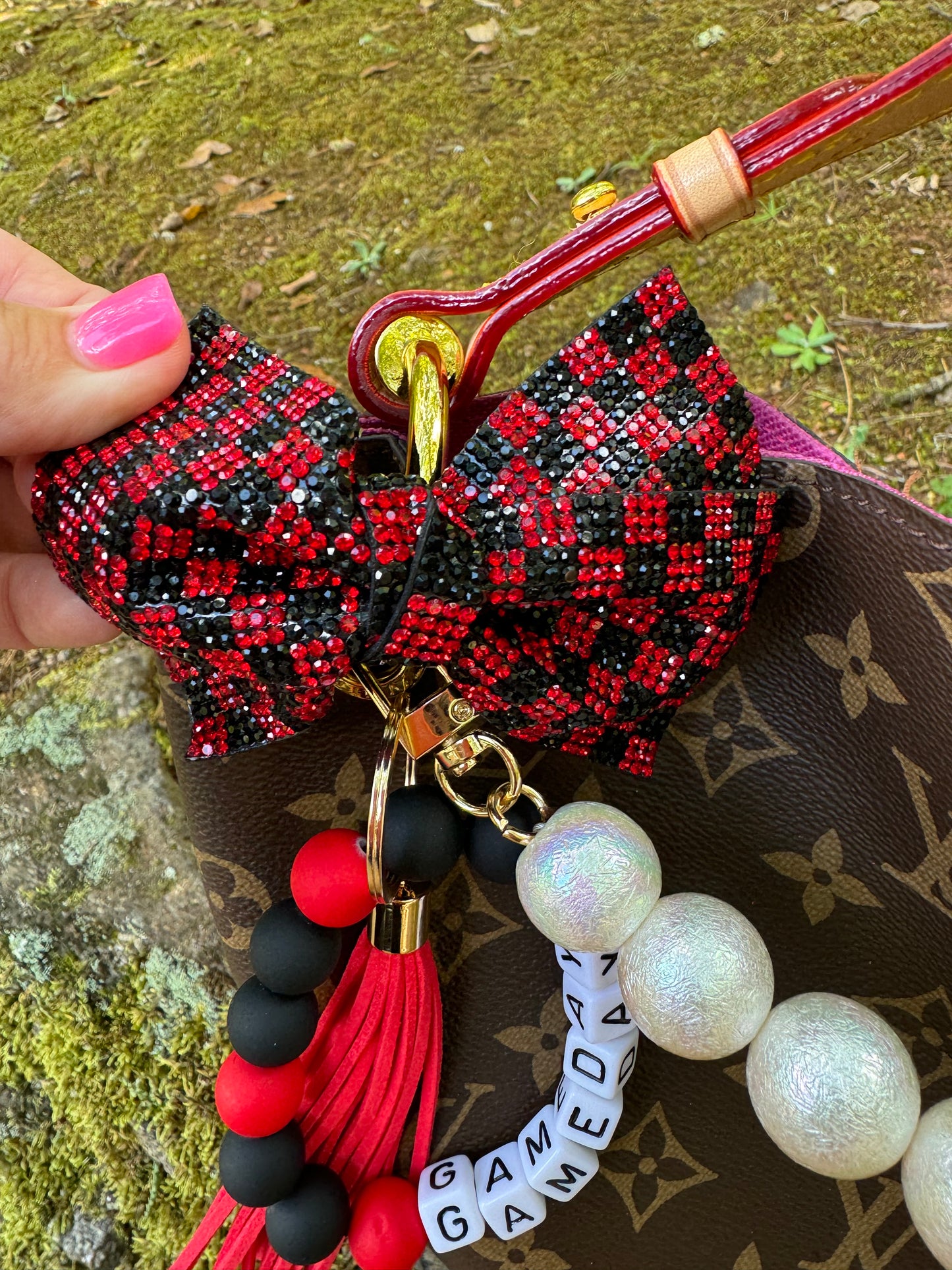 Rhinestone hair bow or purse/bag charm red and black