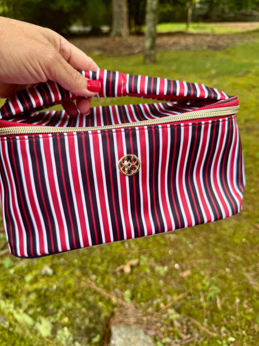 Red and black stripe cosmetic bag with bow handle!