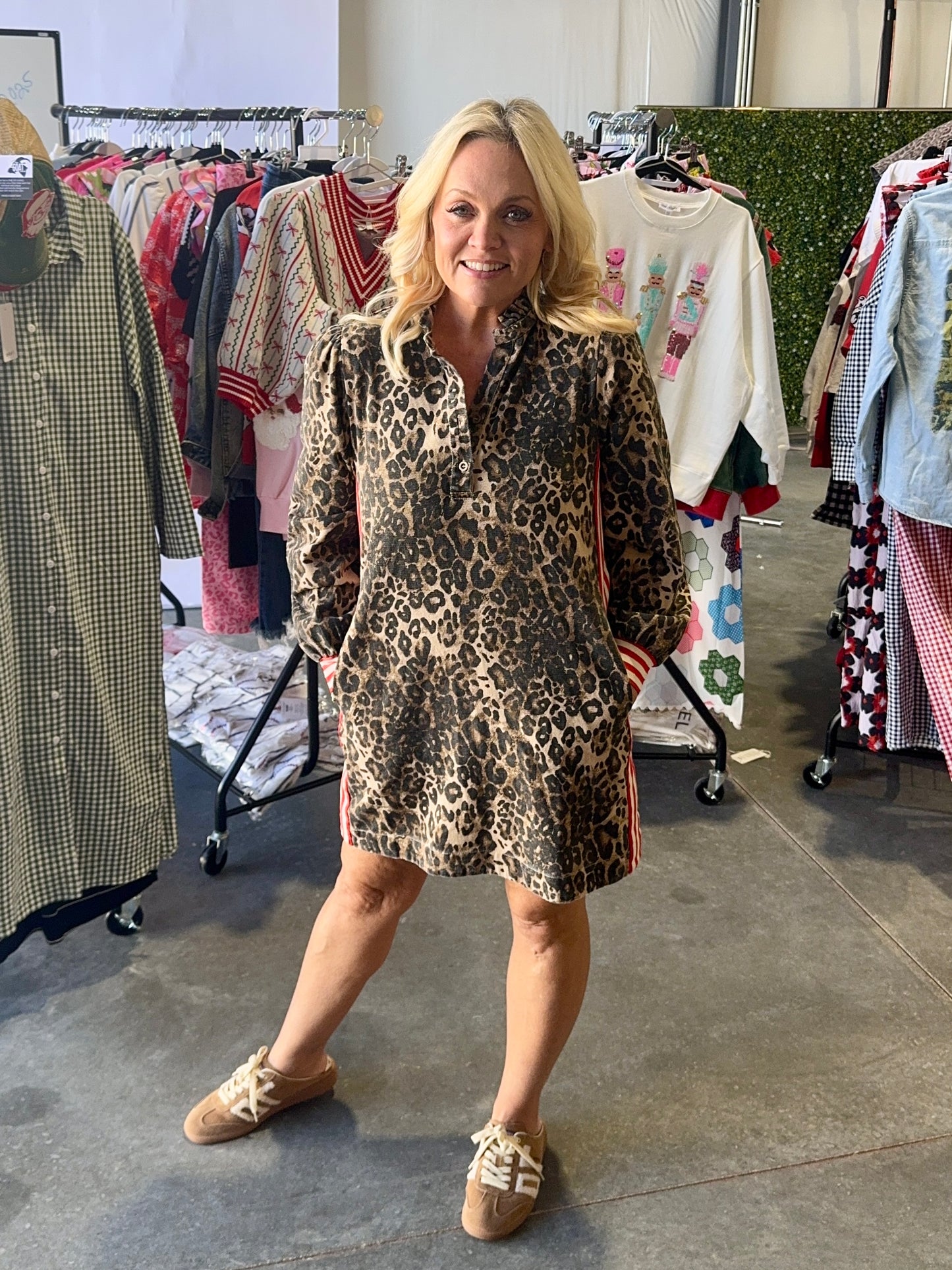 Leopard dress with stipe detail