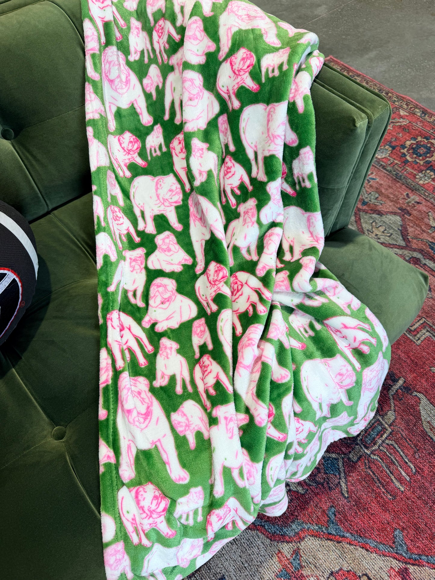 Pink and green bulldog throw