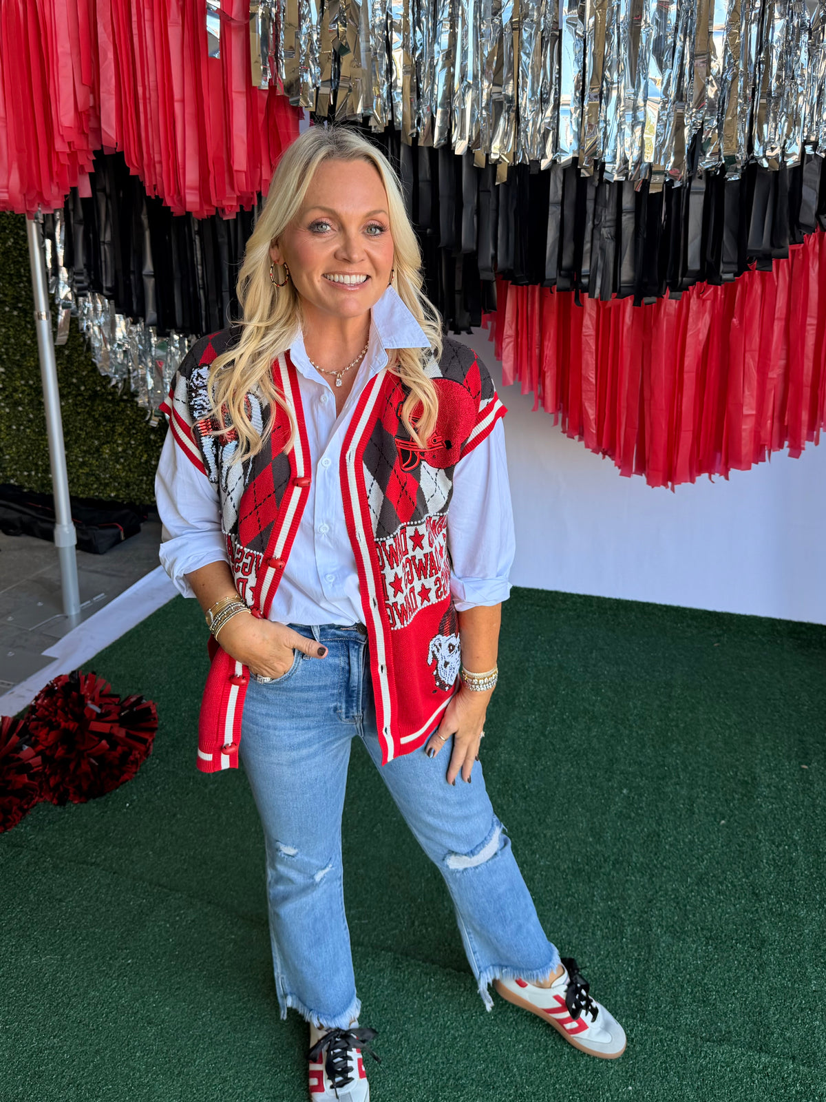 Licensed sweater cardigan with pearls and sequins
