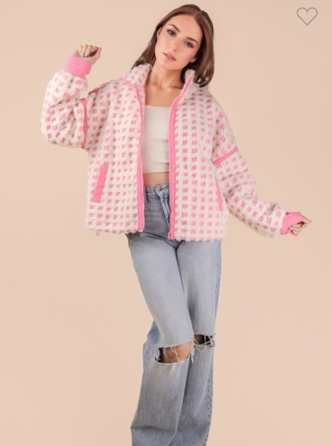 Pink and cream checked Sherpa jacket