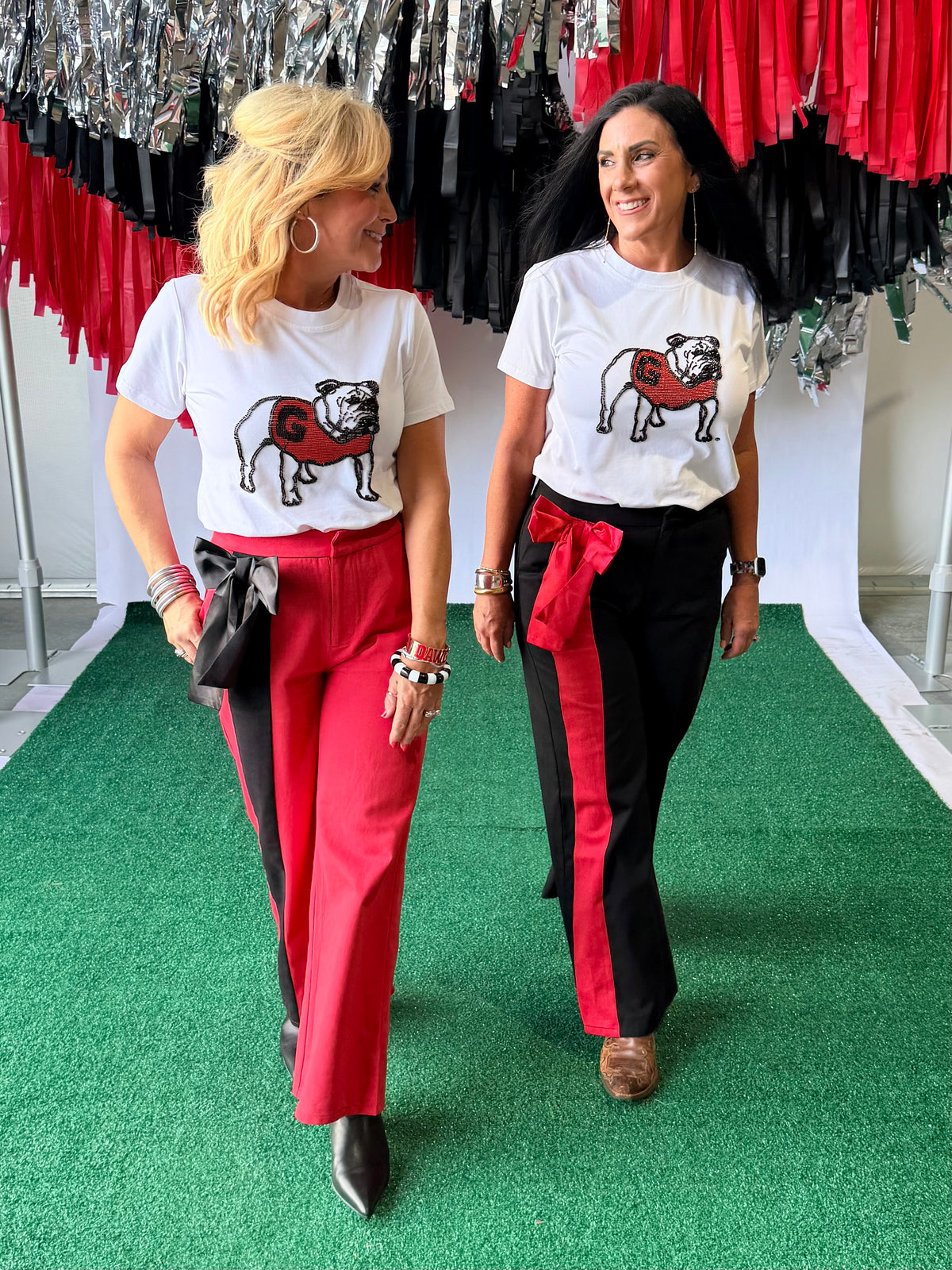 Red pants with black silk how