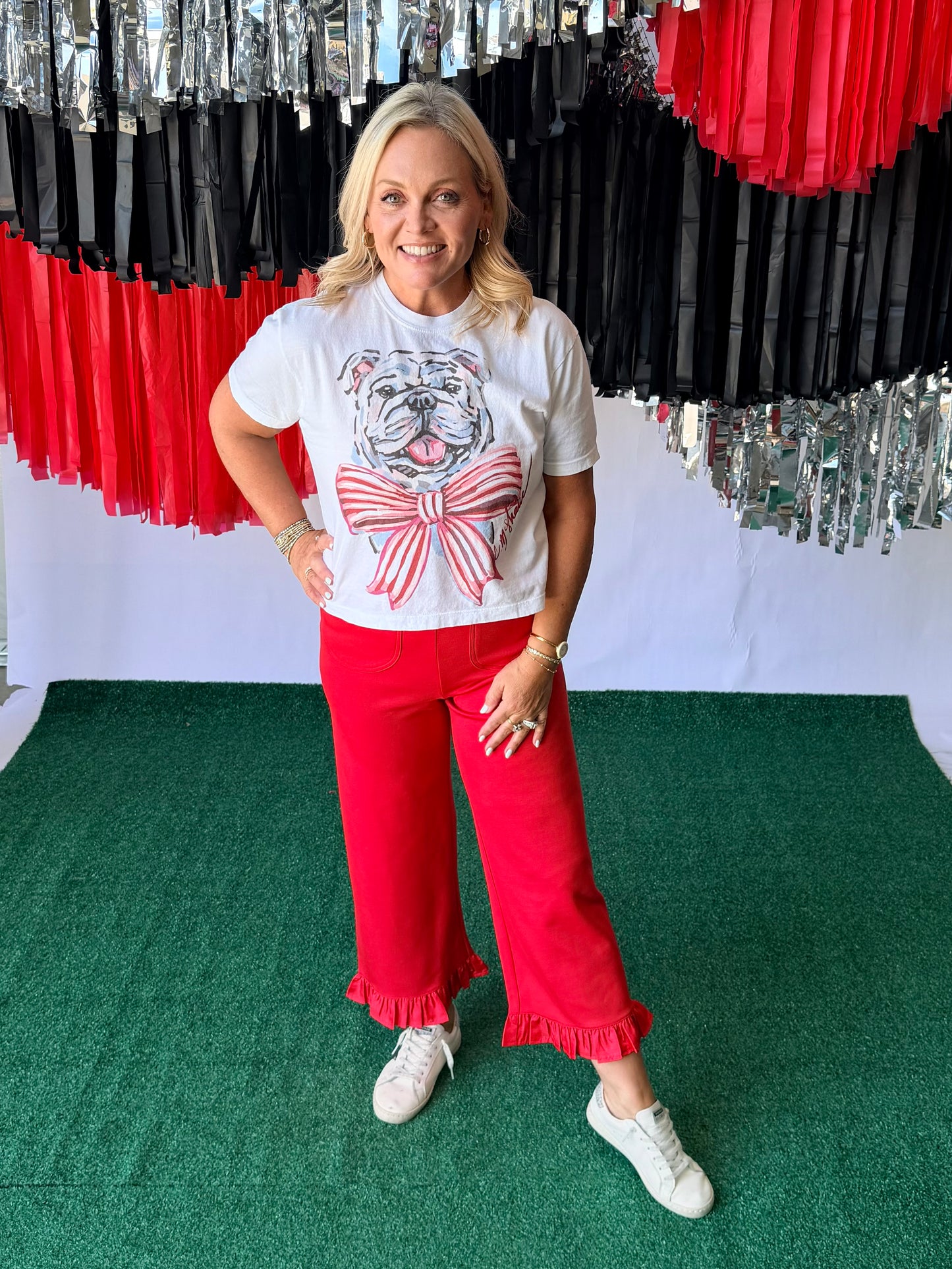 Red ruffle pants