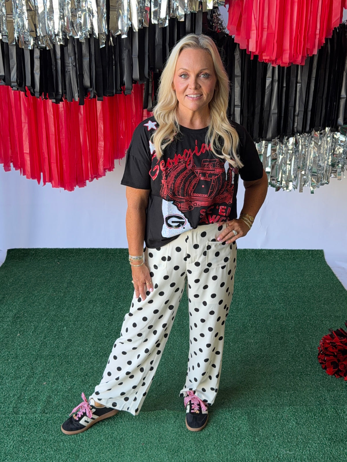 Polka dot White with black polka dot pants loose  fit light weight