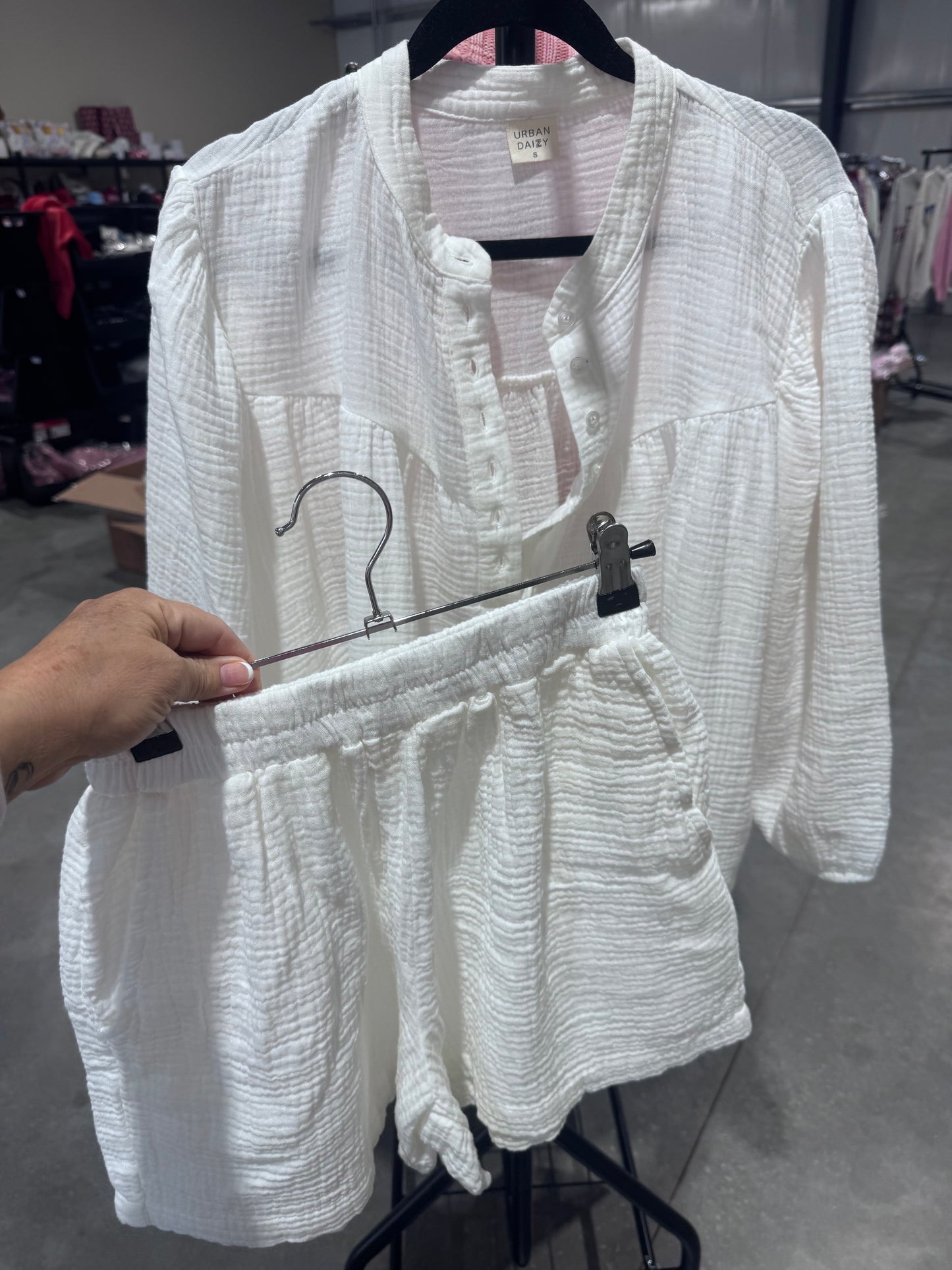 White gauze flowy top and matching shorts