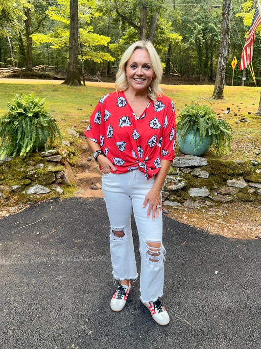 Flowy Red and black bulldog oversized top with sleeves