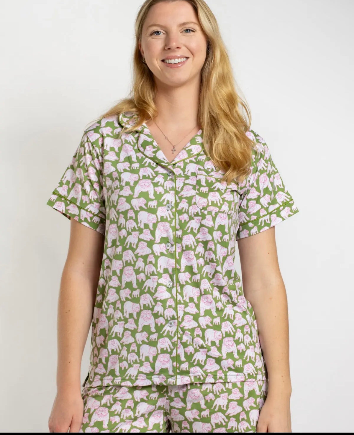 Pink and green bulldog pajama top
