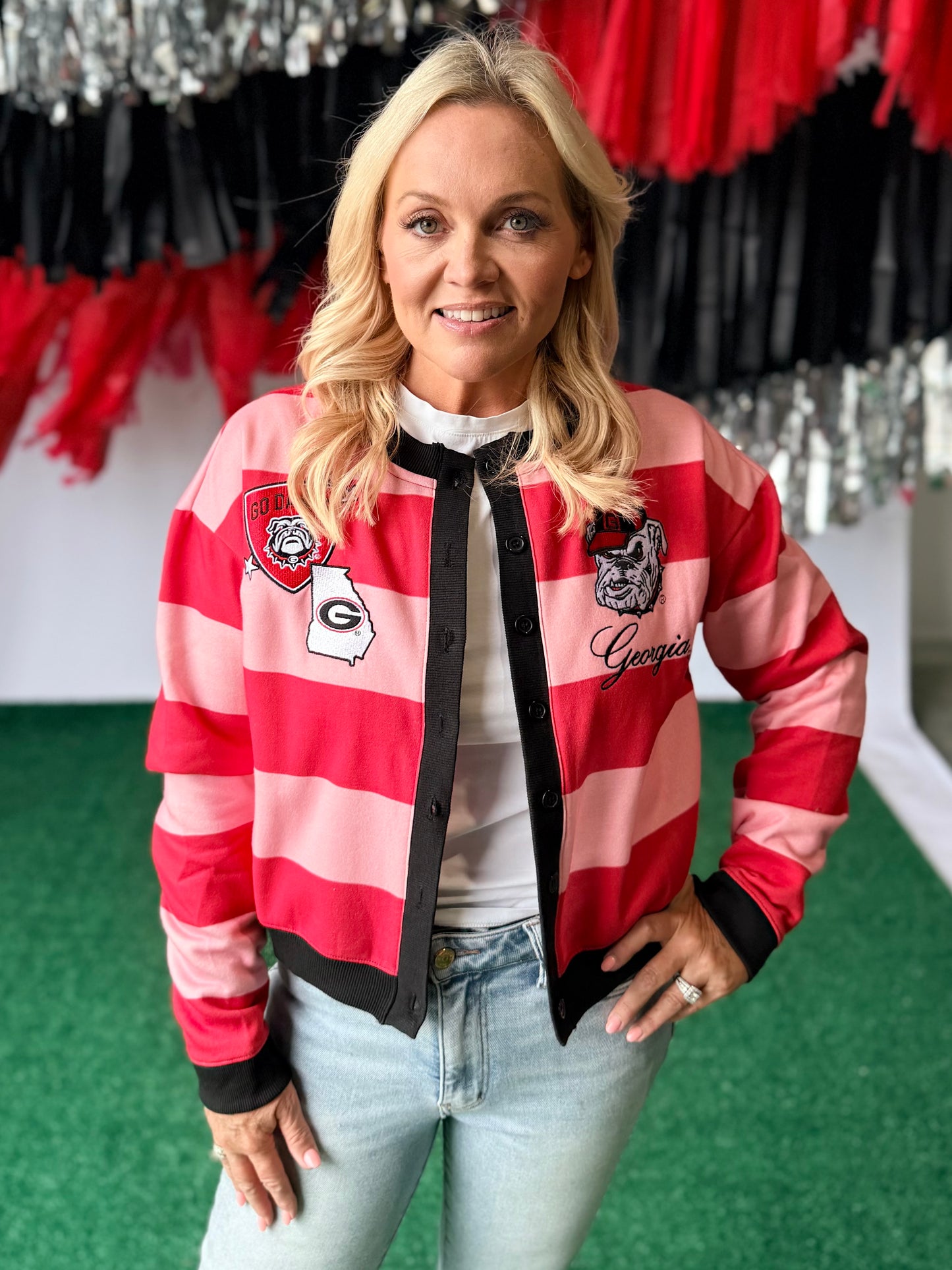 Pink and red striped cardigan with patches licensed up to 3X