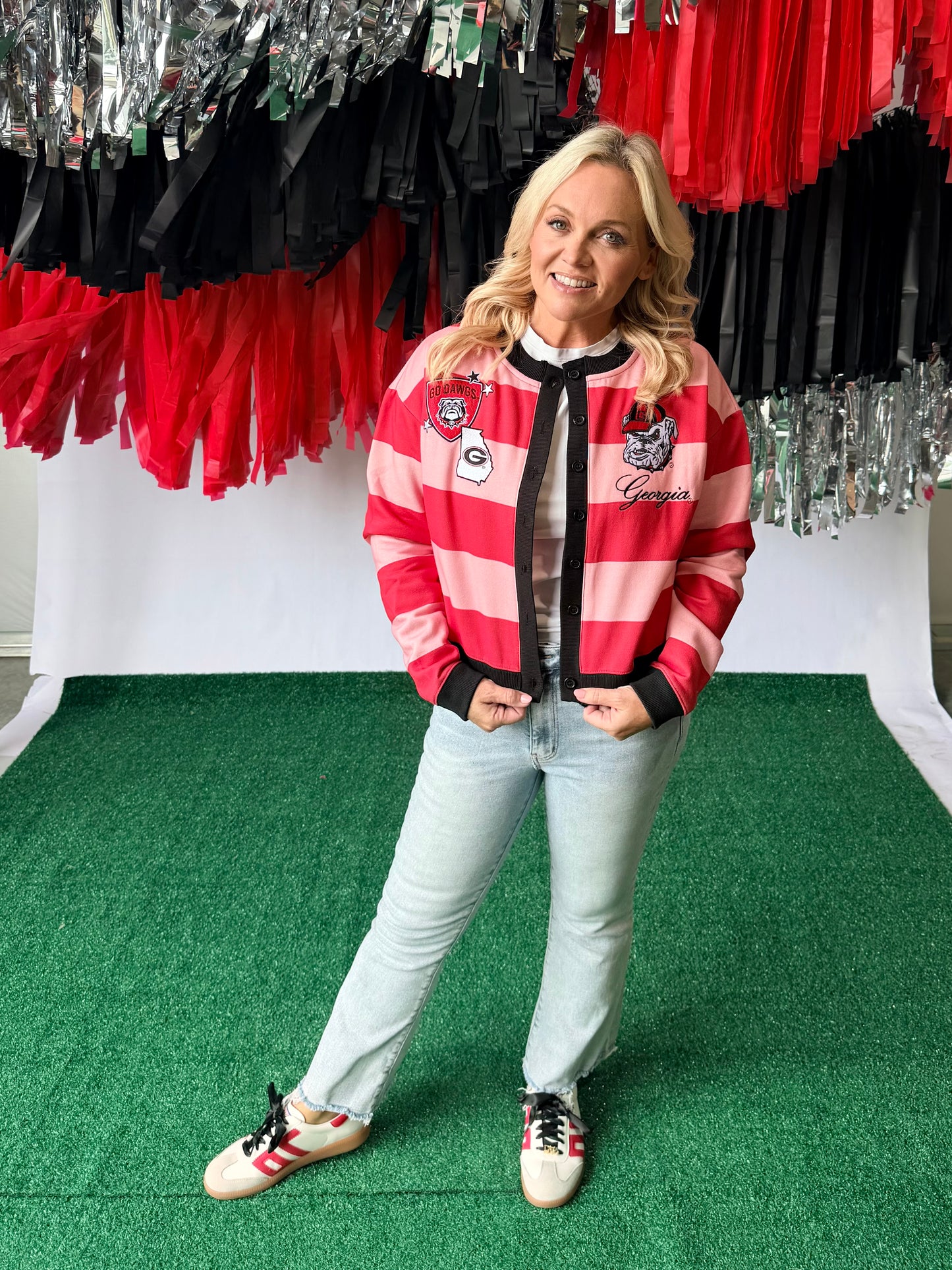 Pink and red striped cardigan with patches licensed up to 3X