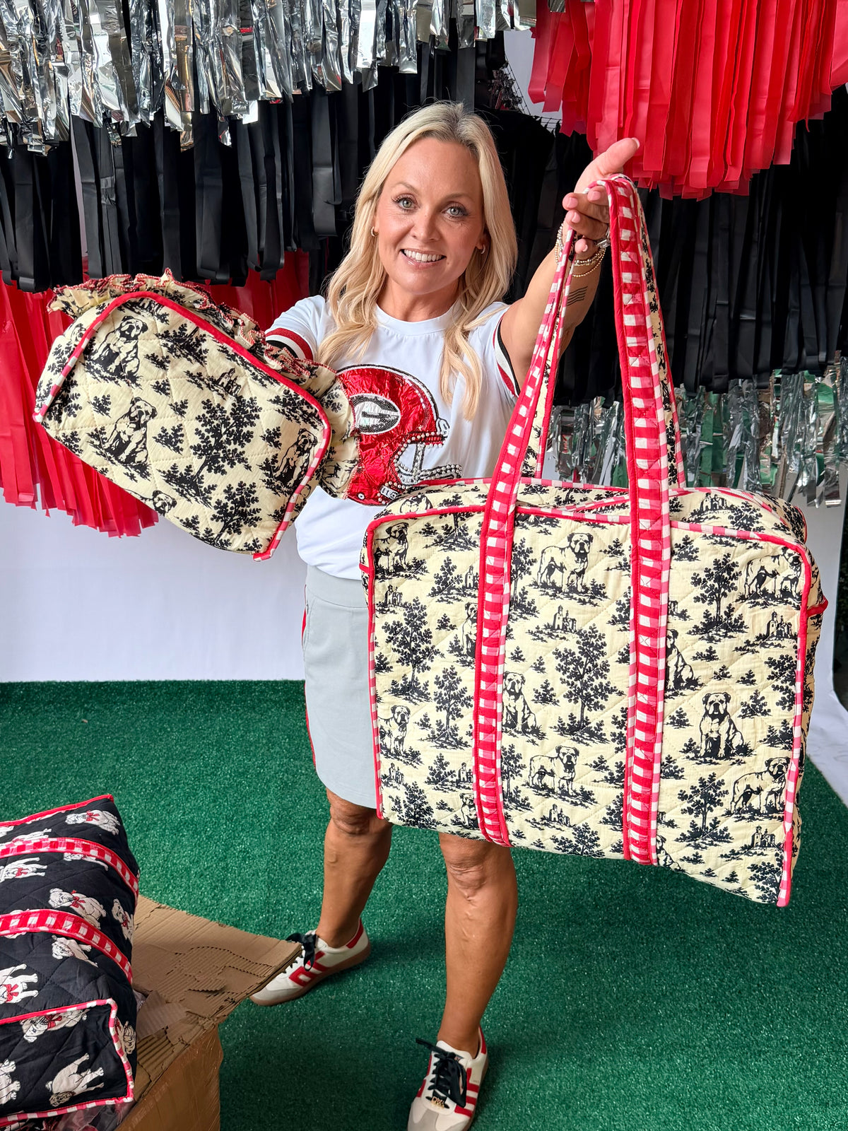 Exclusive bulldog toile cosmetic bag with ruffle