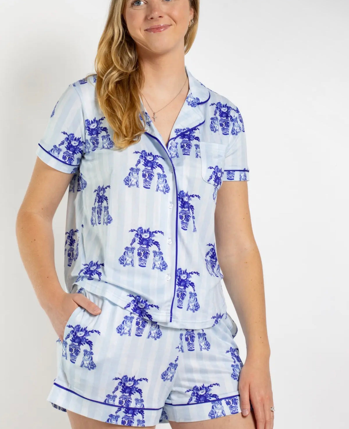 chinoiserie pajamas!  bulldogs blue shorts
