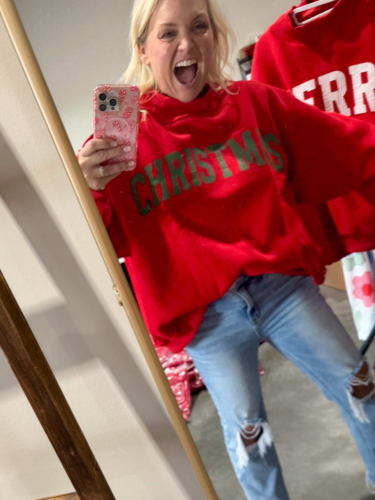 Mock neck red merry Christmas reversible story exclusive