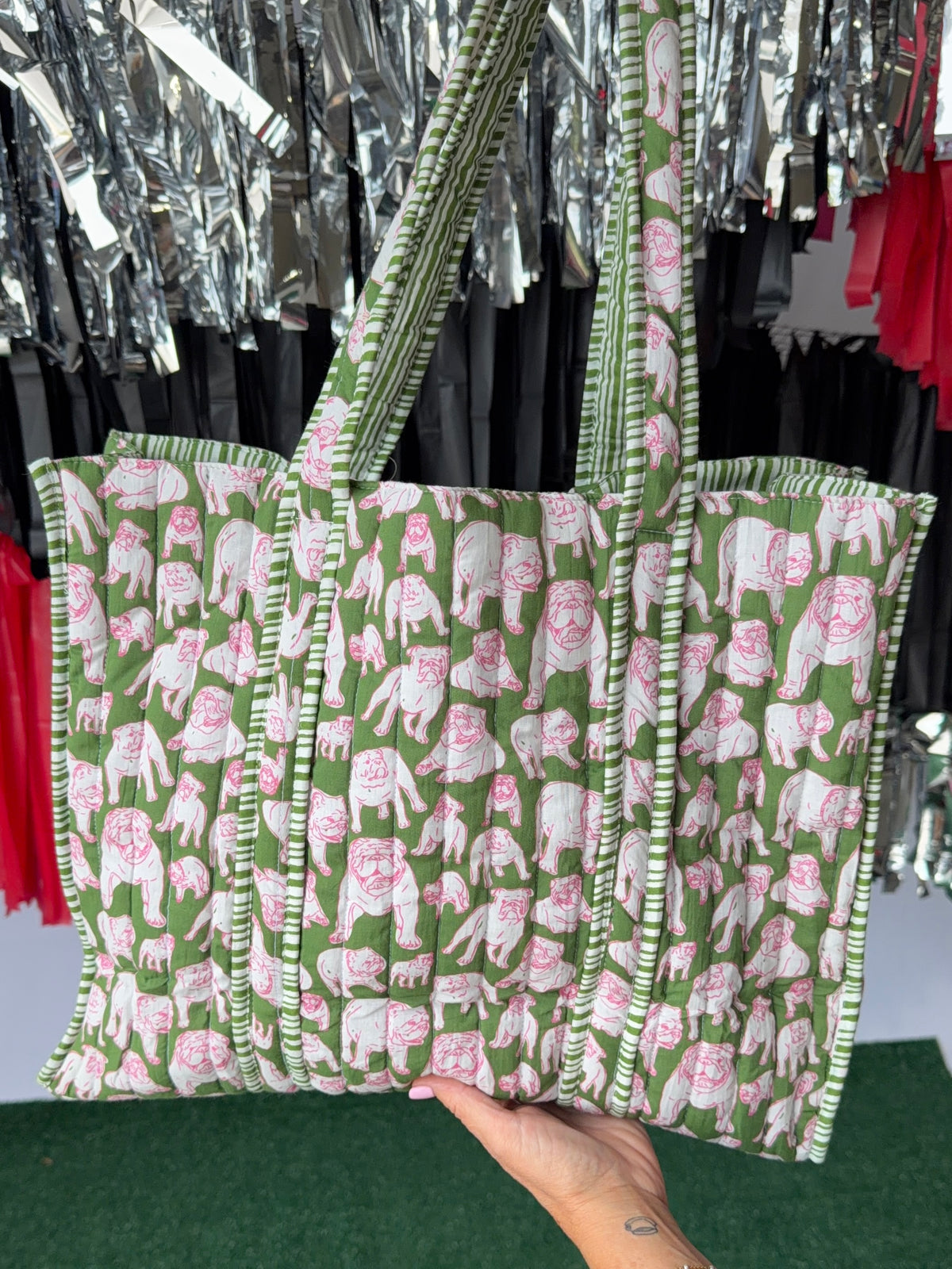 Green and pink quilted bulldog tote