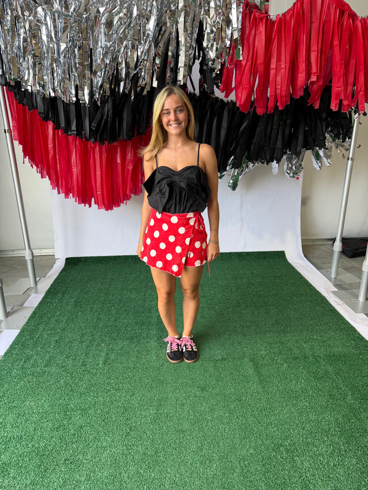 Game day Polka dot overlay wrap front skort red
