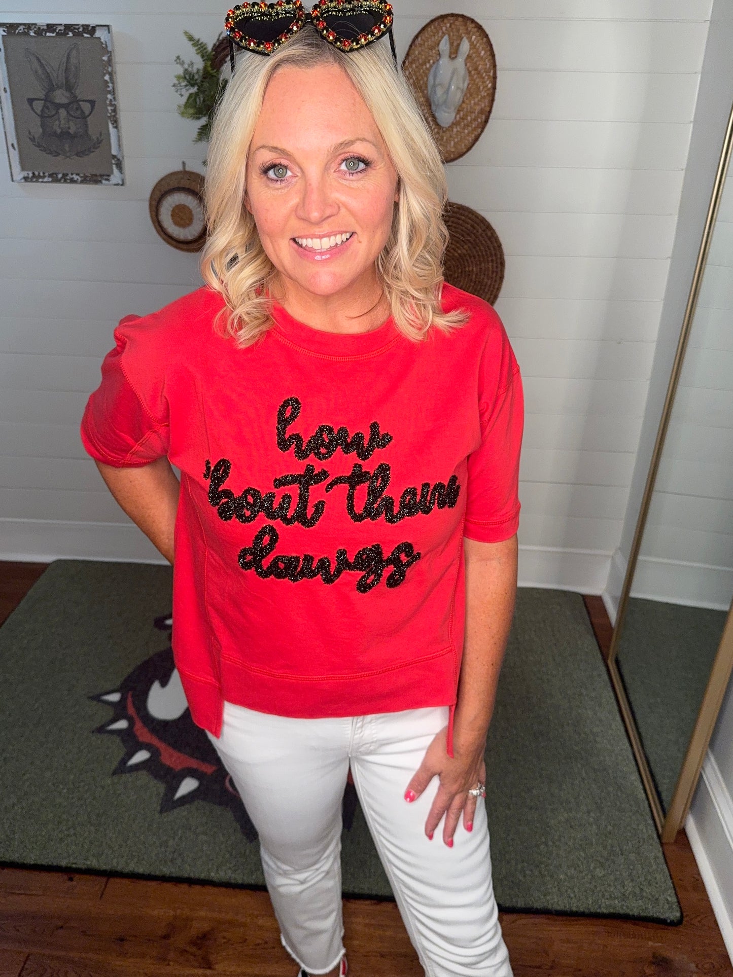 New Glitter script boxy red top “How bout them dawgs”