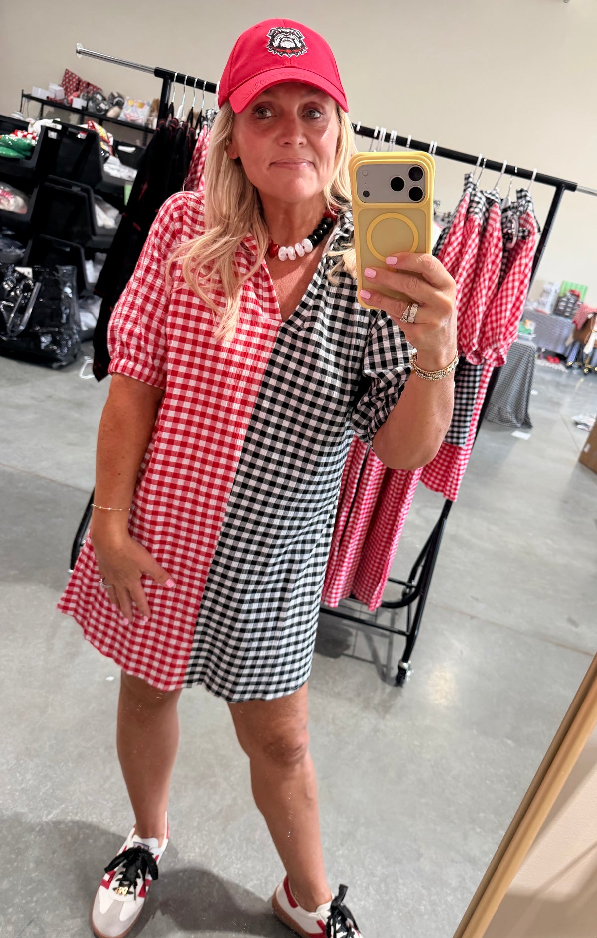 Gingham black and red and white shorter version dress