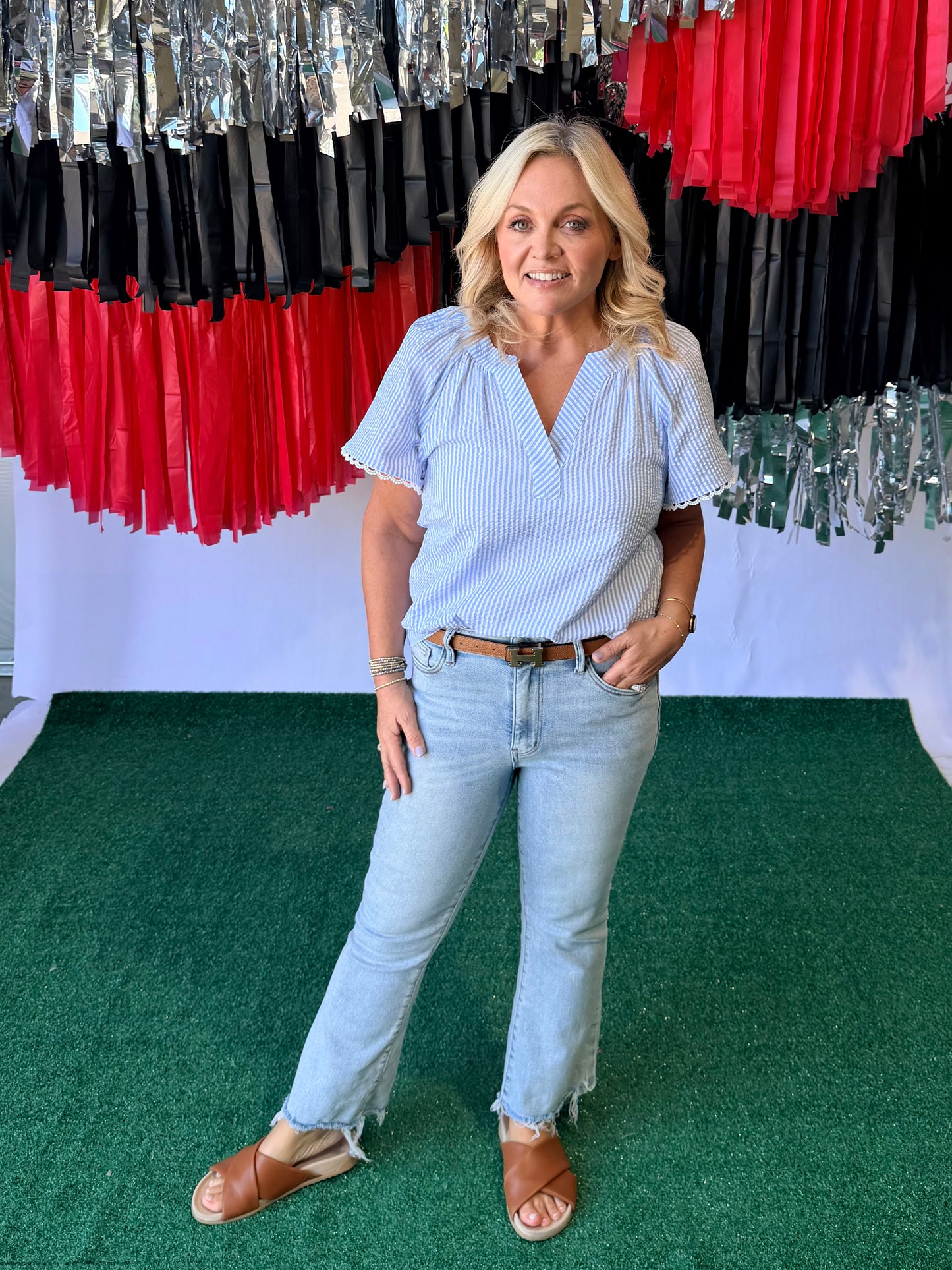 Searsucker blouse blue and white 4th of July