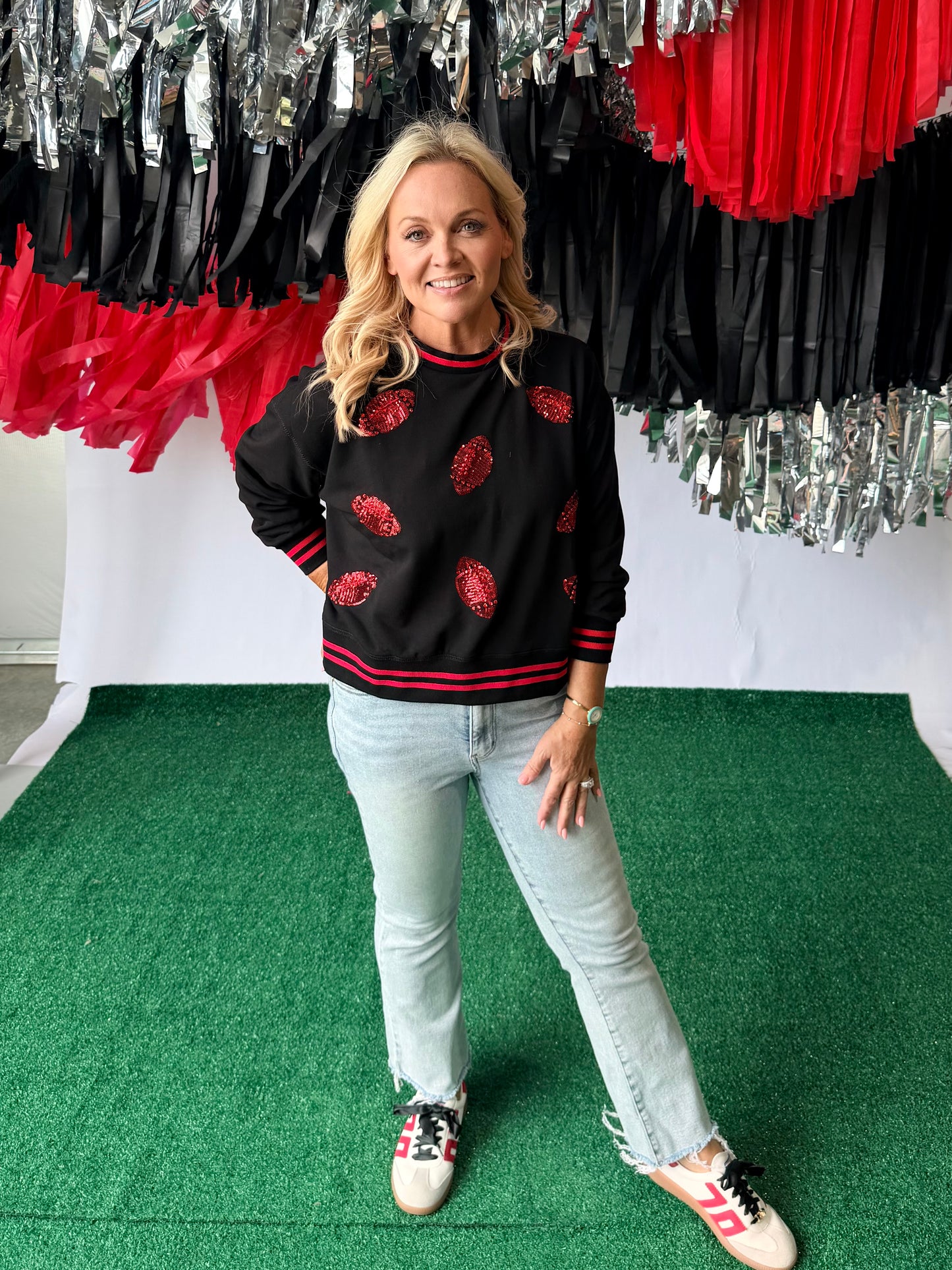 Black and red football sequin boutique luxury sweatshirt