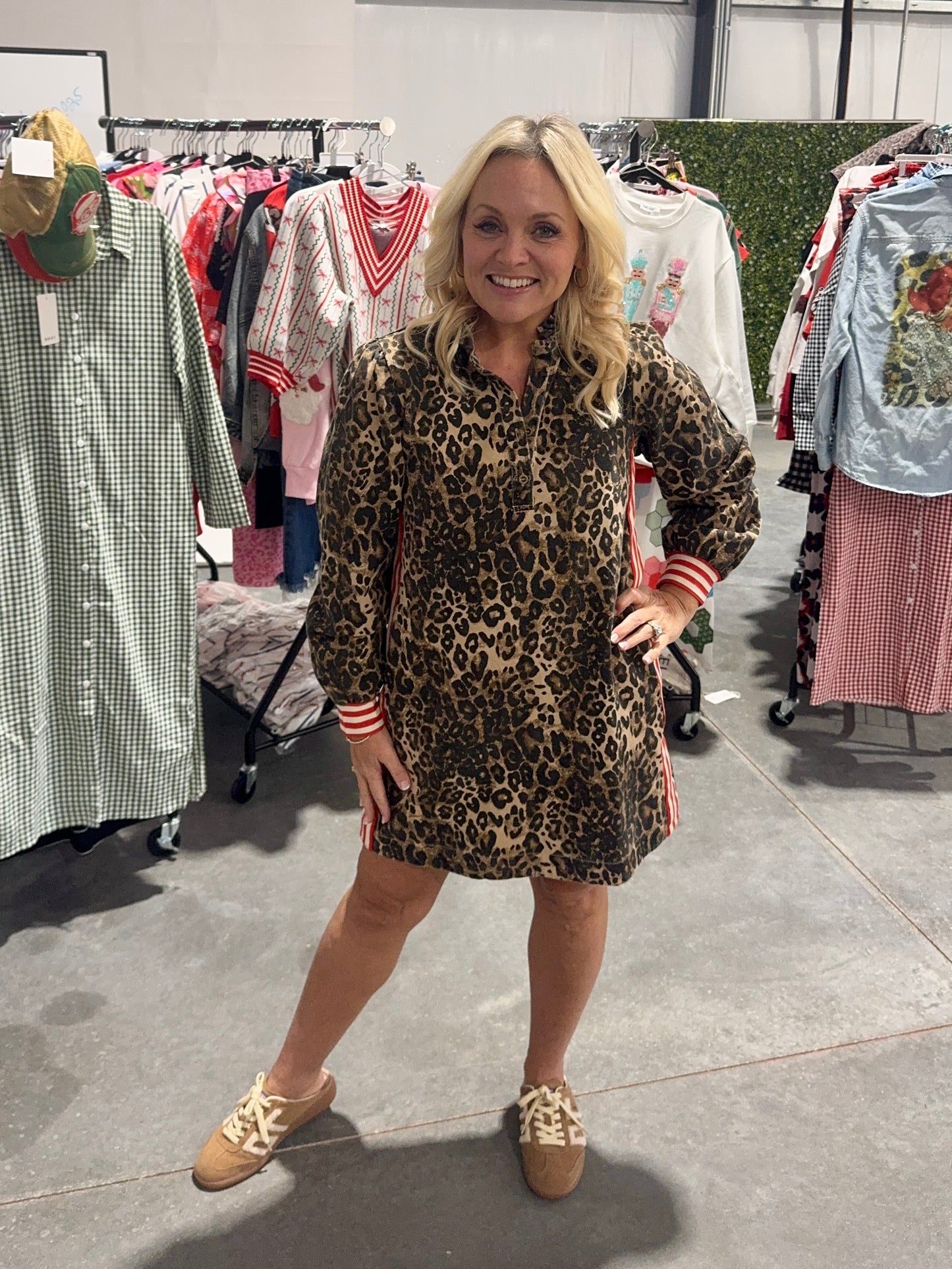Leopard dress with stipe detail