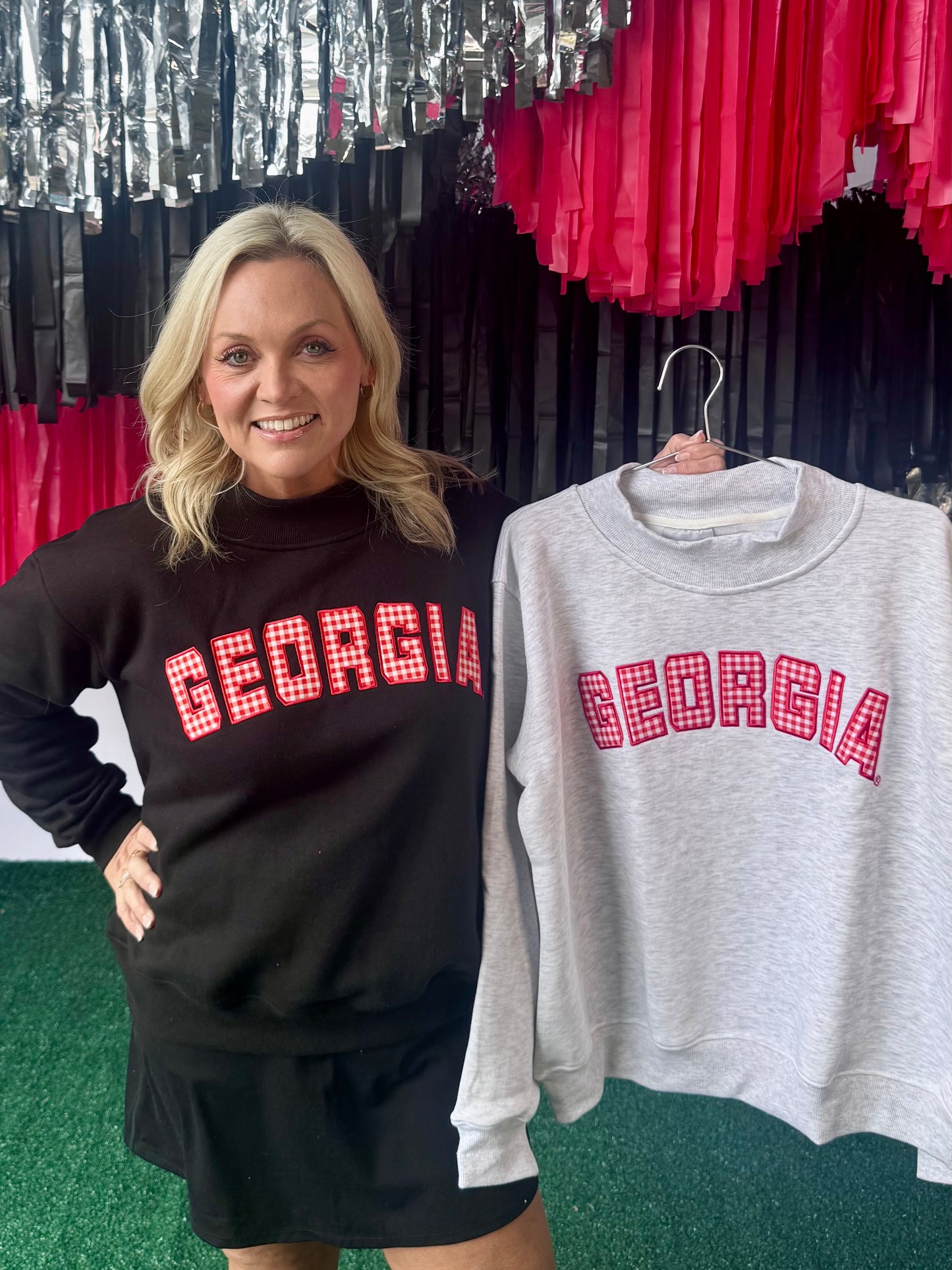 Licensed mock neck ash gray gingham embroidered Georgia